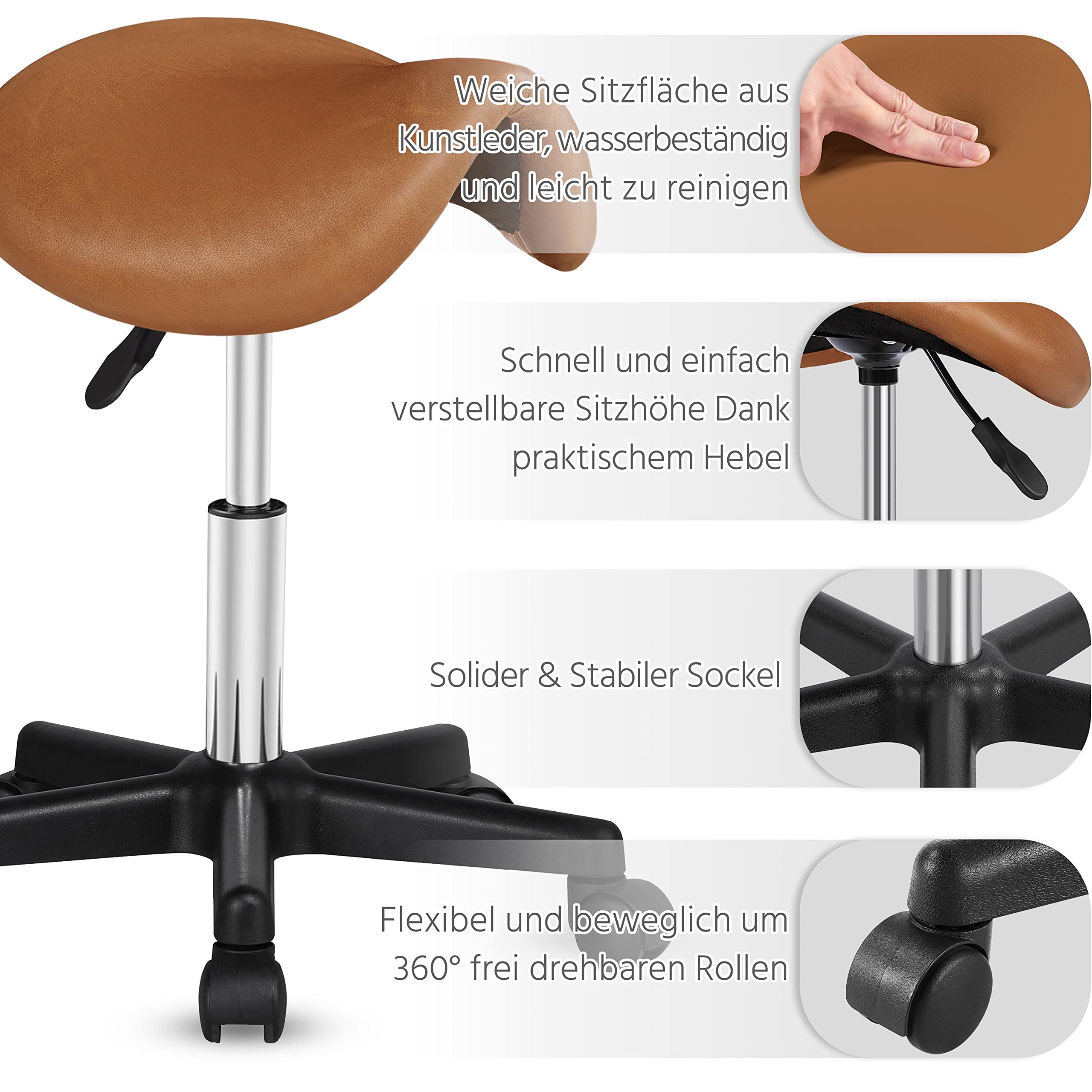 Yaheetech Bürohocker Sattelhocker Rollhocker Drehhocker Praxishocker Arbeitshocker mit höhenverstellbaren 5 Rollen Braun