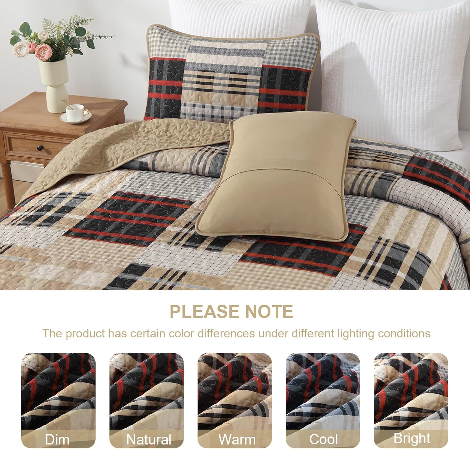 Anibedding Quilt Set King Size, Red-Brown Plaid Striped Bedspread Coverlet Set,Soft Microfiber Reversible Lightweight Bedding Cover for Spring(King,110"x90")