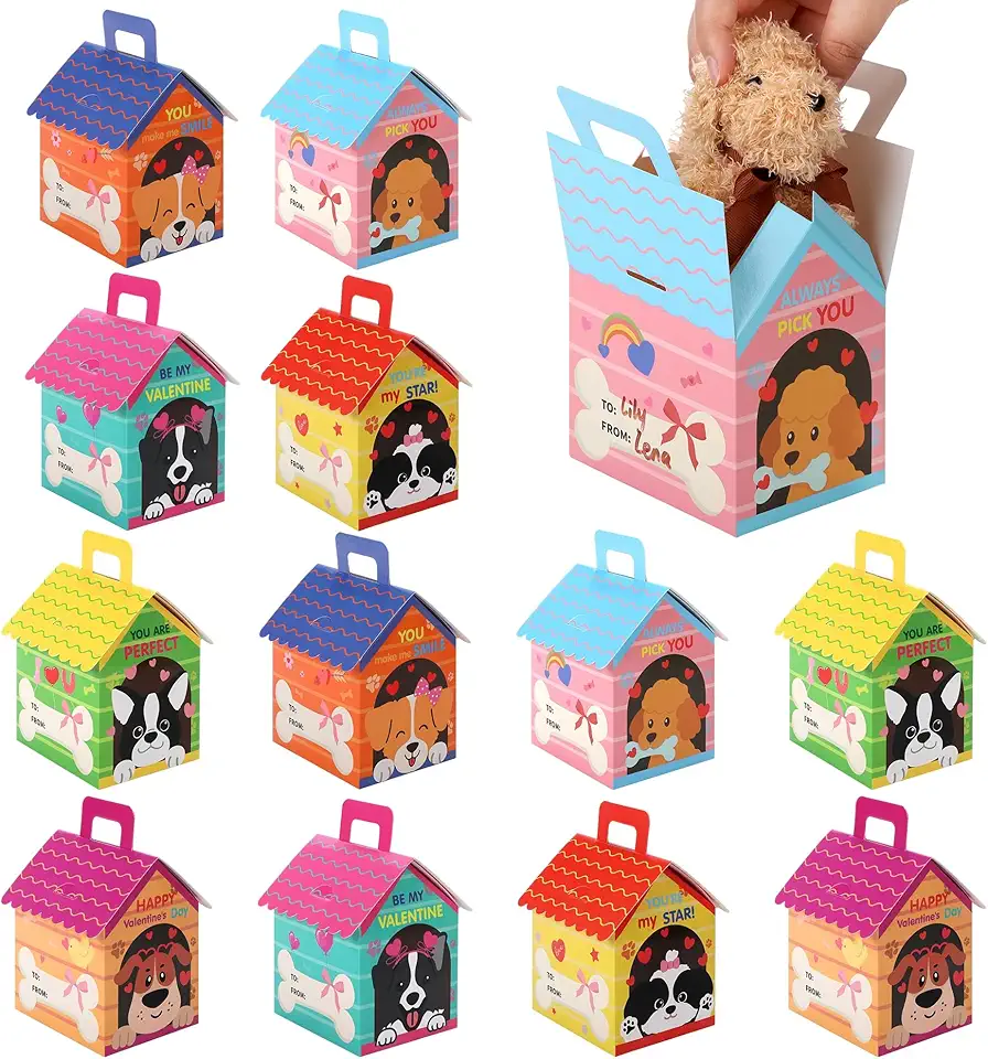 Aneco Pacote com 36 caixas para casa de cachorro para dia dos namorados, presentes de dia dos namorados para sala de aula, caixas de presente dobráveis em forma de casa de cachorro com alças para