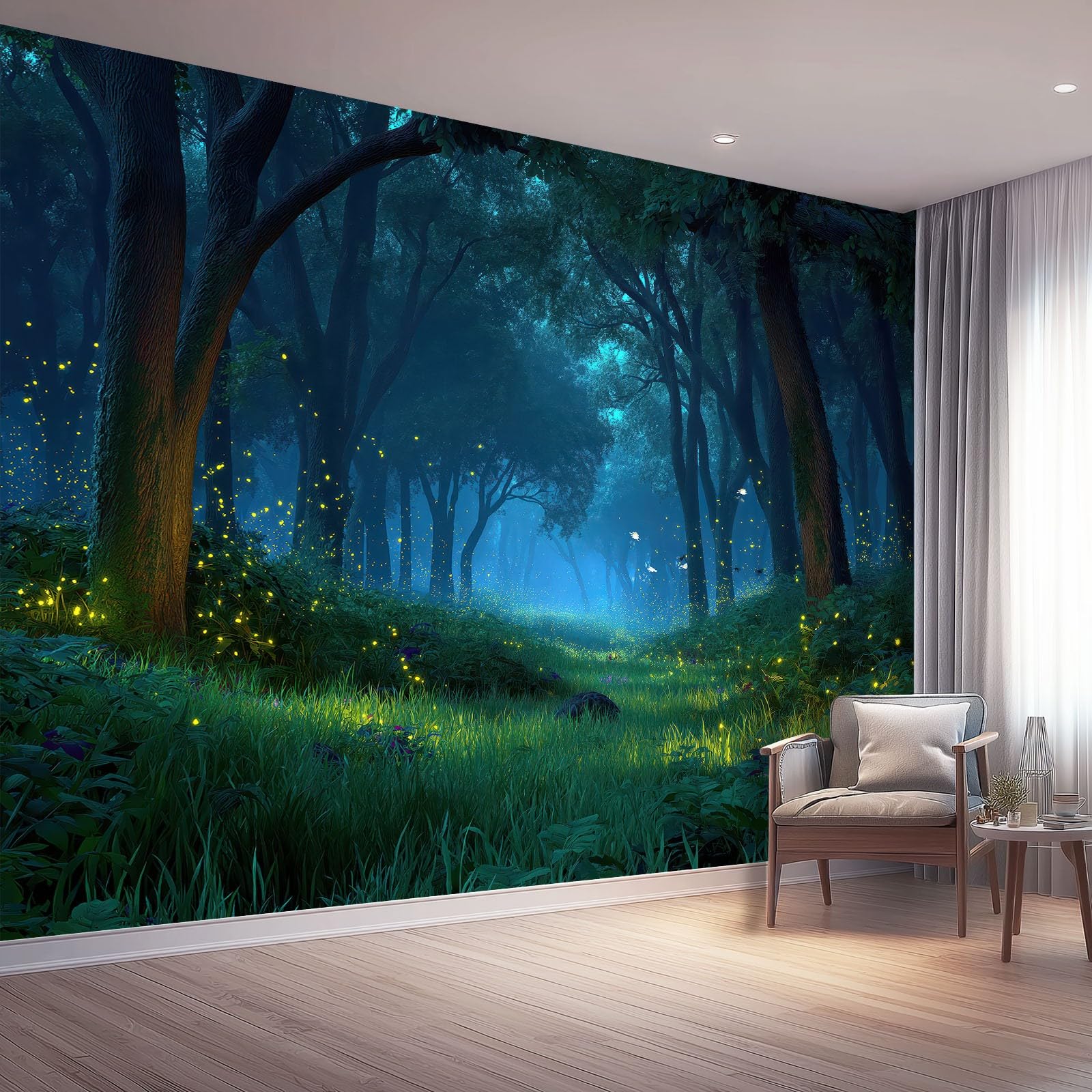 Papier peint panoramique forêt magique et lucioles pour une décoration de chambre rêve romantique