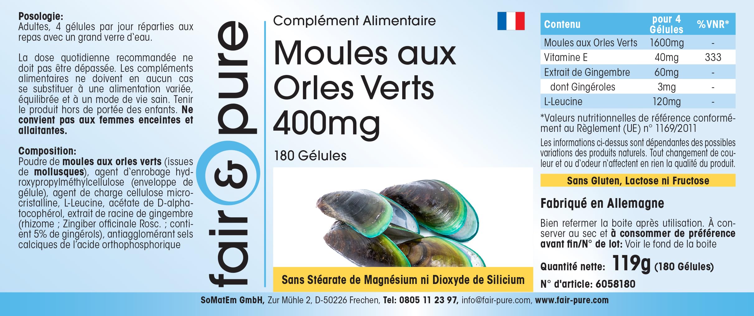 Fair & Pure® - Moule verte 400mg - poudre de moule verte de Nouvelle Zélande - 180 gélules de moule verte