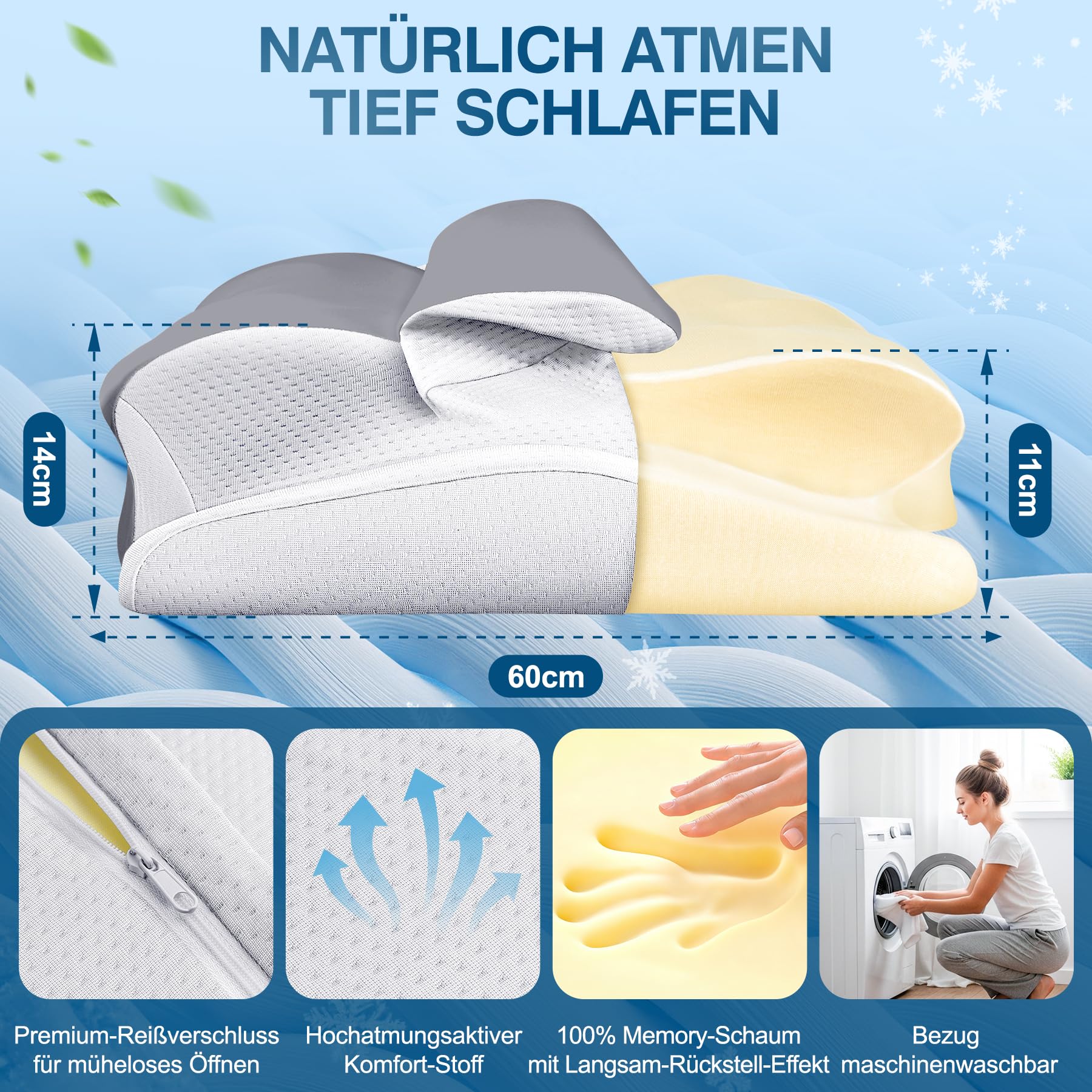 Nackenkissen Kopfkissen, Memory Foam Kissen, Nackenstützkissen, Ergonomisches Kopfkissen, Pillow Kissen für Seiten, Rücken & Bauchschläfer Hochwertiges Design