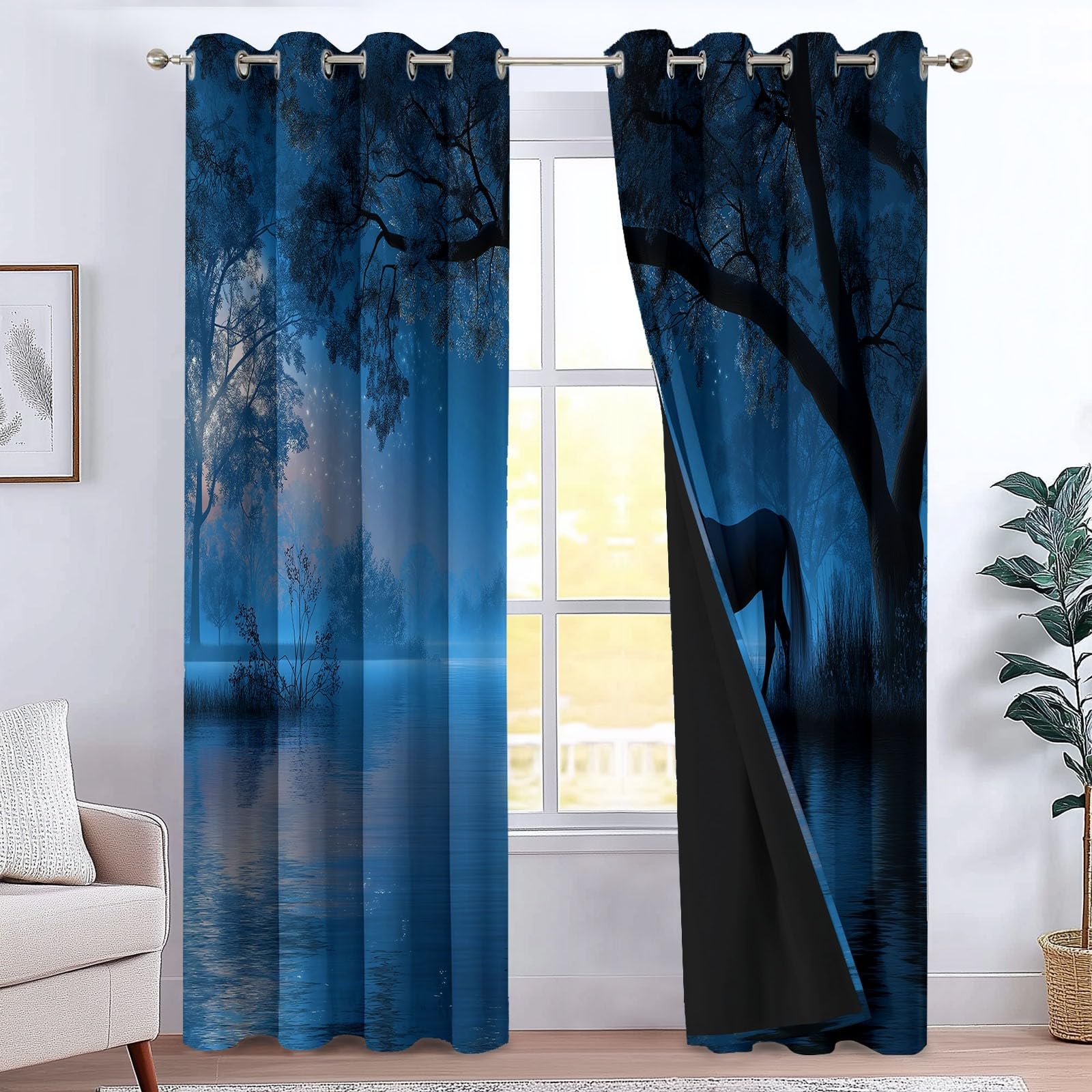 Générique Rideaux Occultants 100% Fantaisie Animaux, Ciel étoilé Licorne Rideau à Oeillets pour Salon Chambre d'enfant, Bleu - 2 Panneaux 183 x 214 cm (L x H)