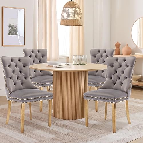 Miniatura 124 de Juego de 6 Sillas de Comedor Tapizadas en Terciopelo, Sillas Laterales de Cocina de Estilo Moderno con Ribete de Tachuelas y Patas de Madera, Anillo