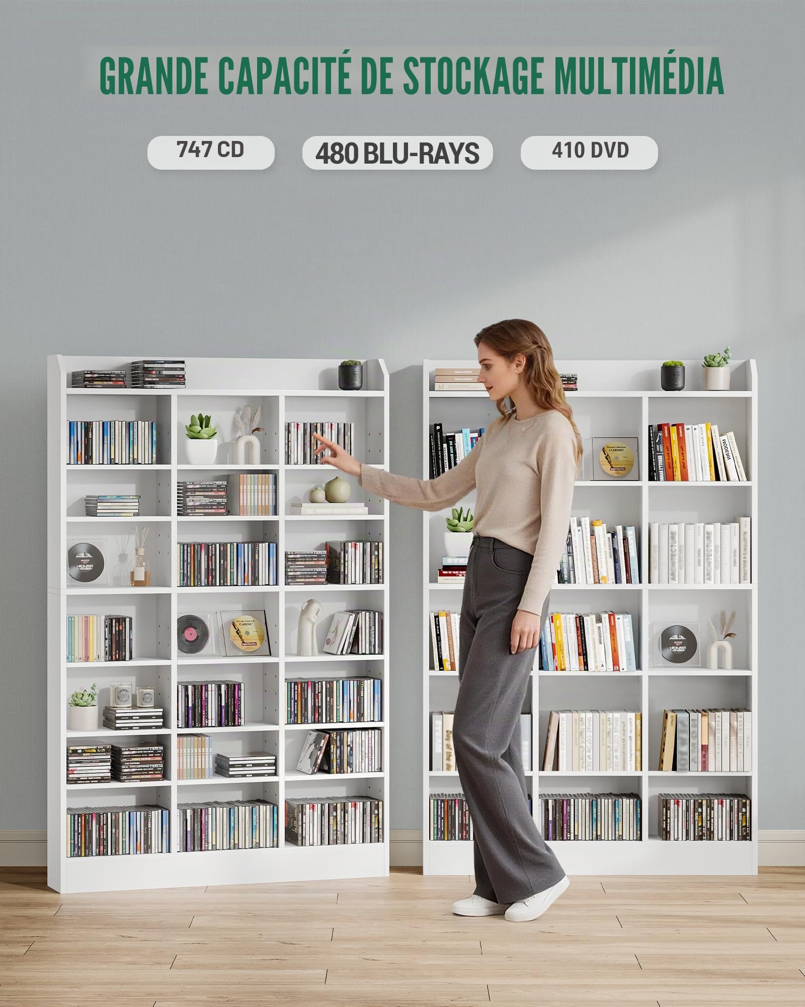 Hzuaneri Étagère Bibliothèque, Rangements pour CD et DVD 8 Niveaux, Meuble de Rangement multimédia, Armoire de Rangement CD pour 747 CDs pour Le Salon, Bureau, 17 x 100 x 154,5 cm, Blanc CR18003X