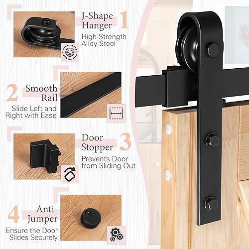 Miniatura 3 de YESHOMY Puerta corredera de granero de madera 28 in x 84 in, con manija, riel y ruedas, beige