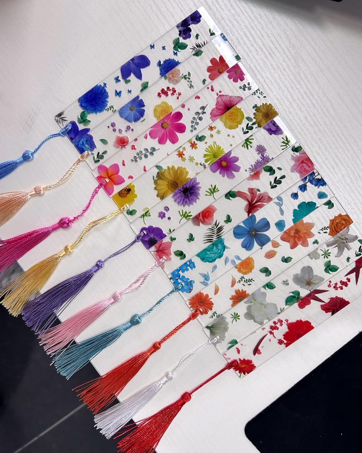 10 Sets Flower Acrylic Book Markers for Women Transparent Acrylic Bookmarks Cute Floral Bookmarks with Colorful Tassels for Women Teacher Kids Book Lovers, 10 Styles - Image 3