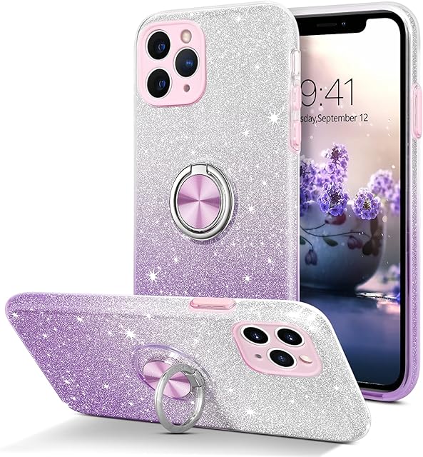 YINLAI iPhone 11 Pro Max Case Bling Shiny Cute iPhone 11 Pro Max Case for Girls Women with 360 Grad Ring Holder Slim Shockproof Protective Phone Case for iPhone 11 Pro Max 6.5 Inch, Purple Gradient