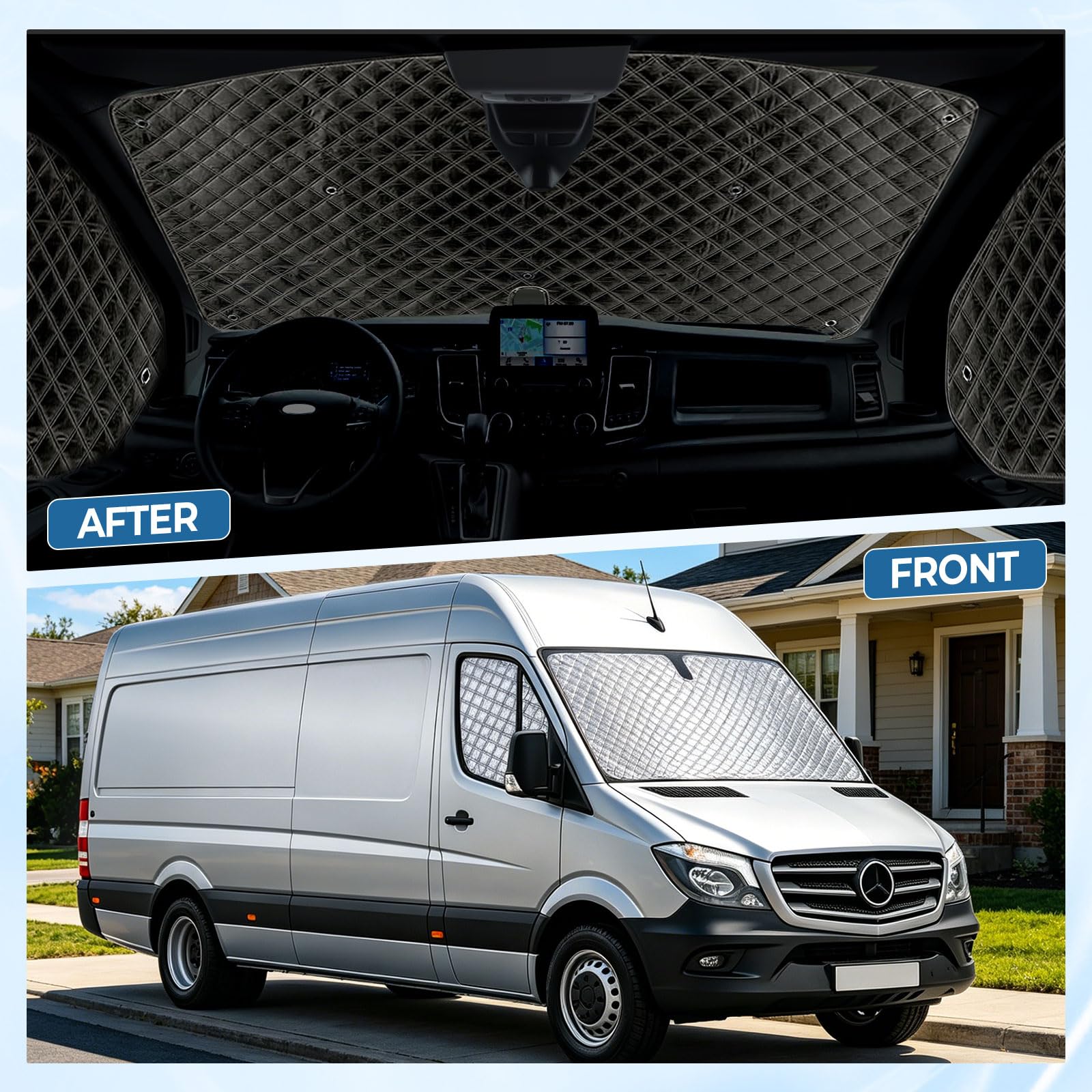 Thermomatte für Mercedes Sprinter 2006-2018, 3-teiliger Sonnenschutz für Windschutzscheibe, Isolierte Front- und Seitenfenster-Sonnenschutzabdeckung mit 18 Saugnäpfen