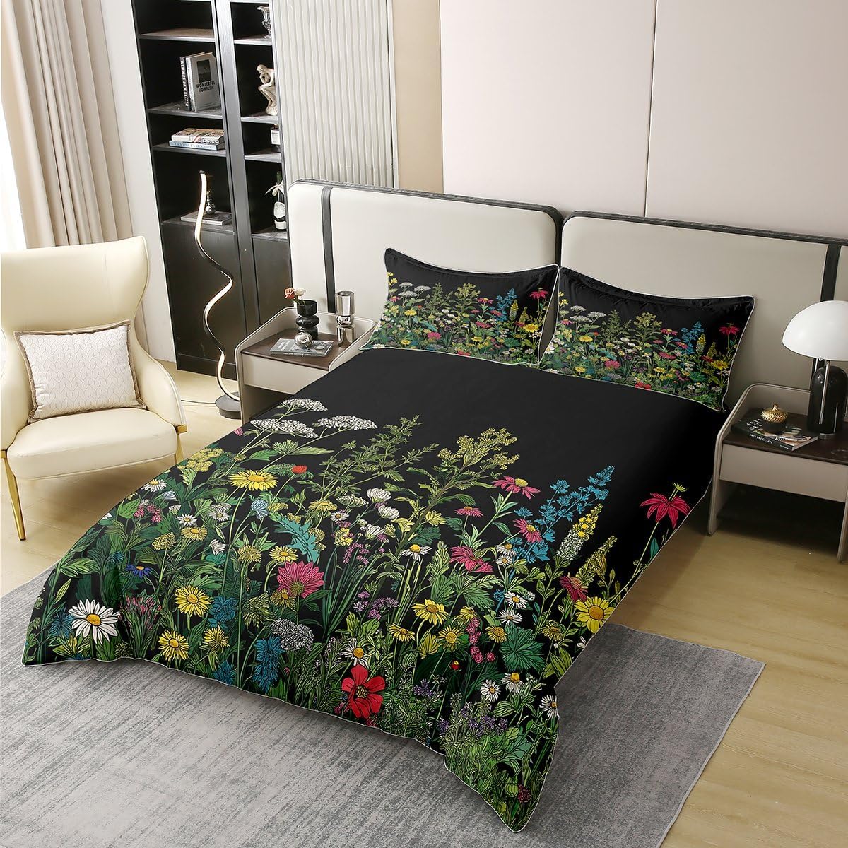 Erosebridal Boho Wildflower 100% Cotton Duvet Cover Queen Cute Spring Garden Floral Bedding Set For Kids Boys Girls Adults Retro Green Plants Botanical Comforter Cover Yellow White Daisy Bed Set 3 Pcs