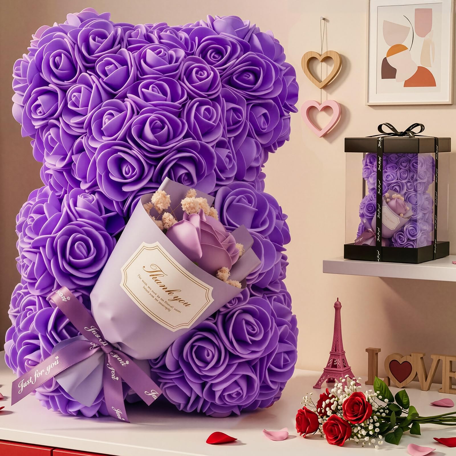 Otlonpe Rosenbär Muttertagsgeschenke für Mama, Geschenke für Frauen Sie Freundin, Cute Rosen Teddybär mit Blumen Tisch Dekorationen für Geburtstag, Valentinstag, Weihnachten (Lila)