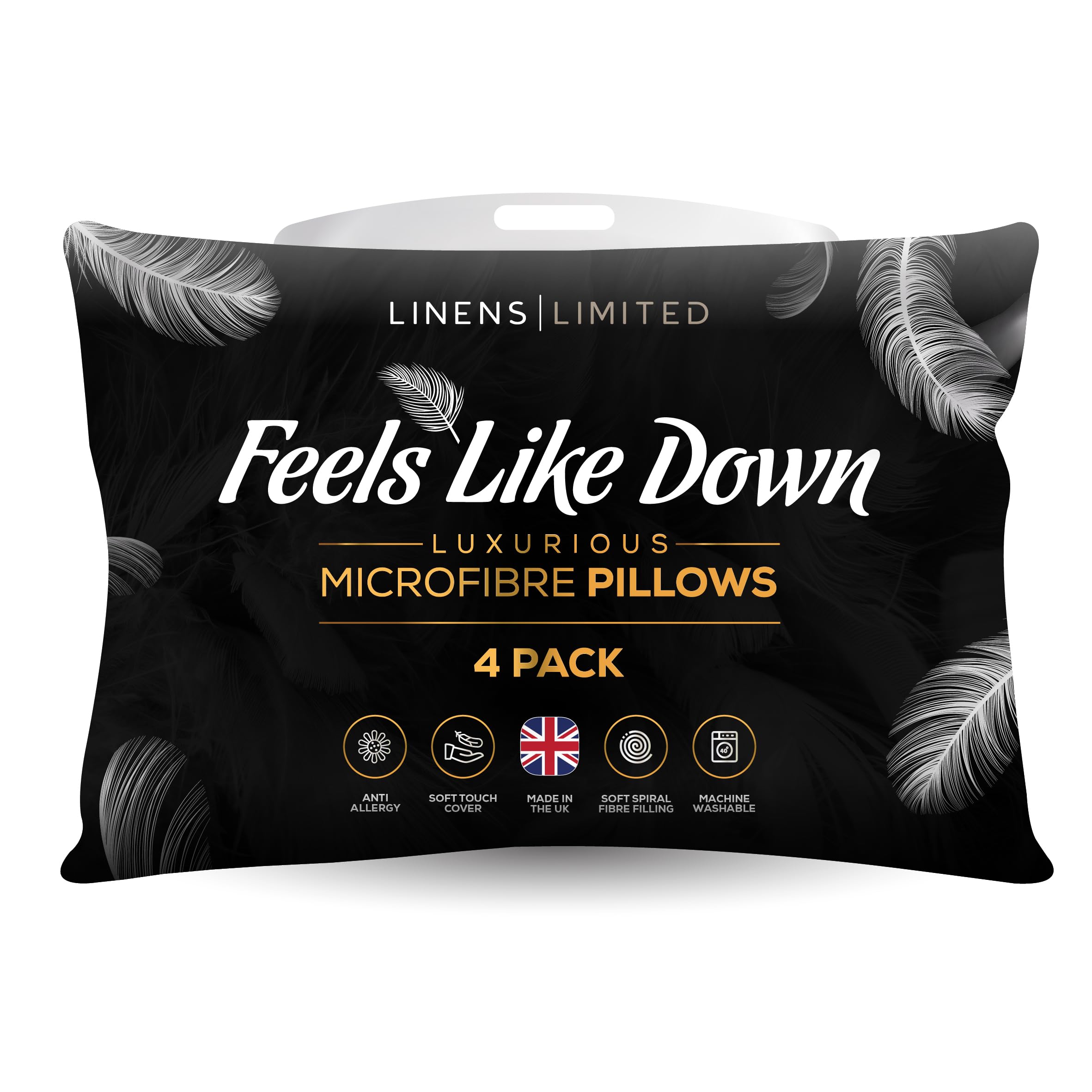 Linens Limited - Soft Pillows 4 Pack, Made in the UK, Hotel Quality, Luxurious Bounce Back Pillows, Feels Like Down, Medium and Orthopedic Support, Non-Allergenic Microfibre, Machine Washable (White)