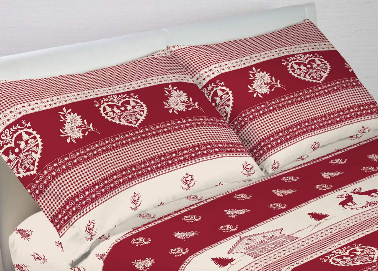 BIANCHERIAWEB Completo Lenzuola Letto in 100% Cotone Stile Montagna Chalet Disegno Tirolo Francese Tirolo