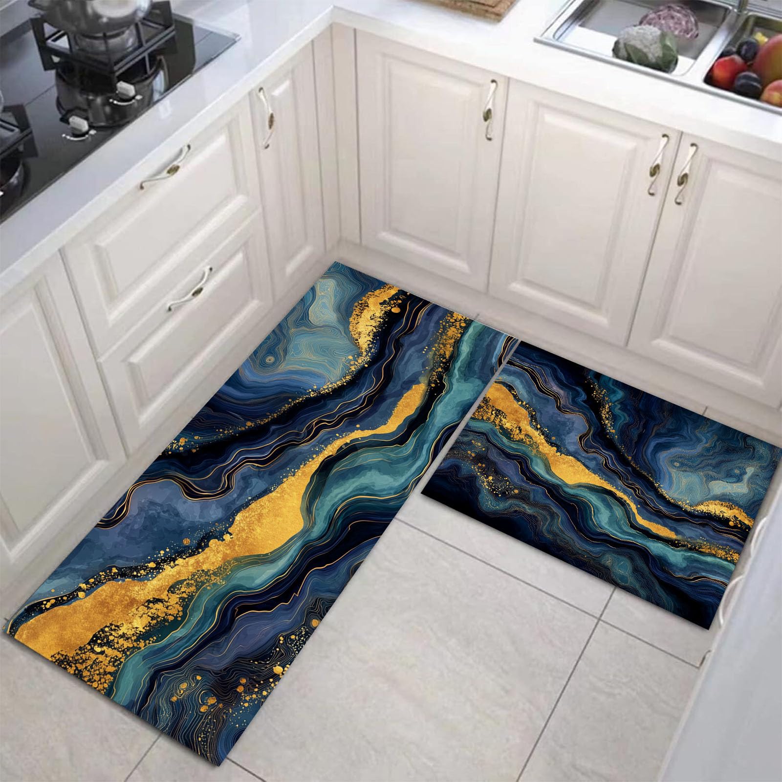 Alfombras de cocina JEDTAKCT 2 piezas azul marino lavables y antideslizantes de mármol pintado al óleo