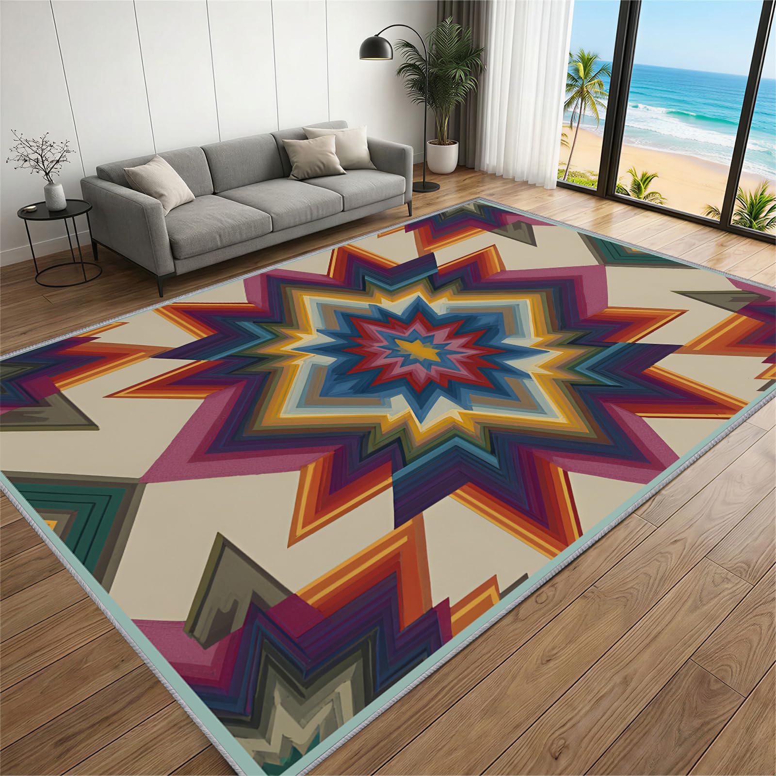 BEQUTIY Geometric Pattern Carpet 180 x 240 cm, Western Country Traditional Foldable Area Rugs, Aurora Star Geometric Rug Machine Washable Non Slip Rug, Doormat Entrance Living Room