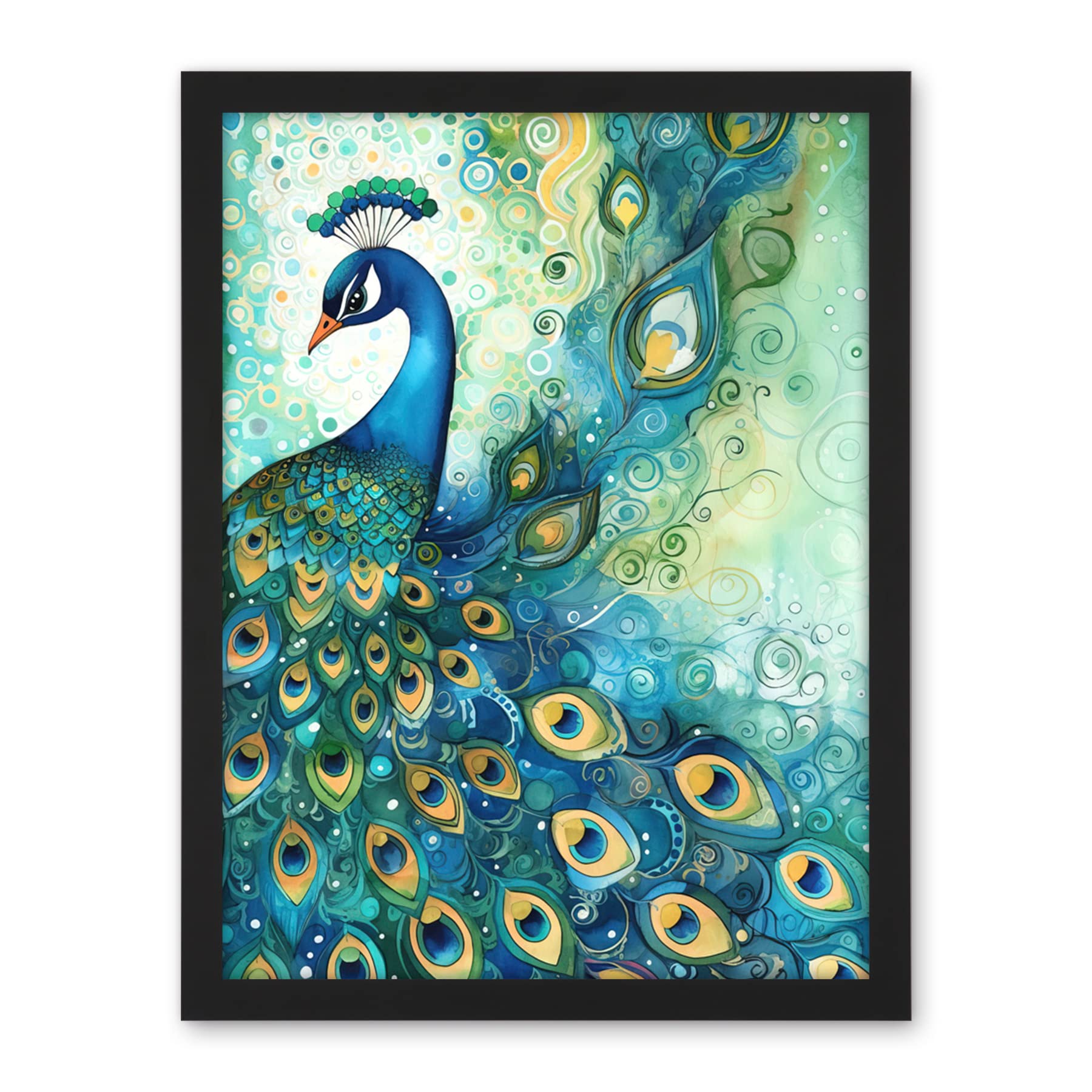 Artery8 Peacock Bird Concept Folk Art Watercolour Painting Artwork Framed Wall Art Print 18X24 Inch