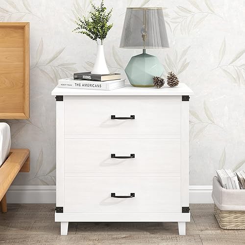 Miniatura 3 de Henf Mesita de noche de 3 cajones, moderna y blanca con patas de madera de pino maciza, cómoda de almacenamiento para dormitorio, sala de estar,