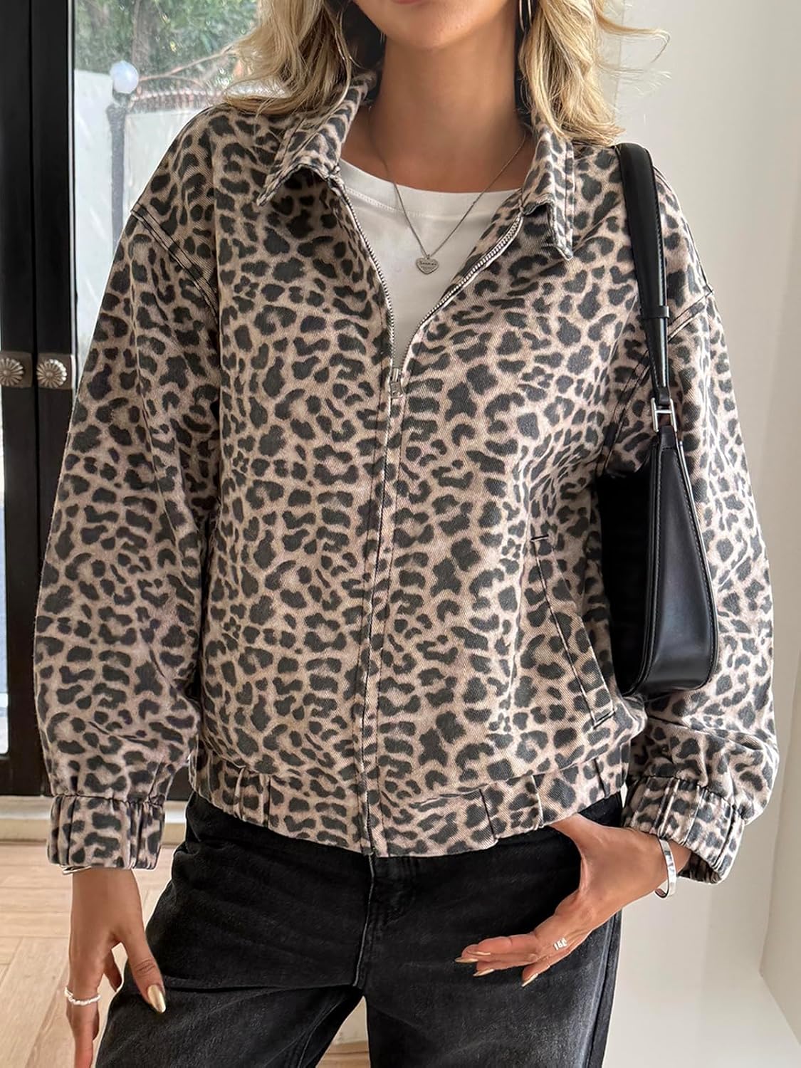 Cicy Bell Womens Floral Zip Up Bomber Jackets Cropped Long Sleeve Denim Coats Trendy Casual Collared Vintage Outerwear - Image 5