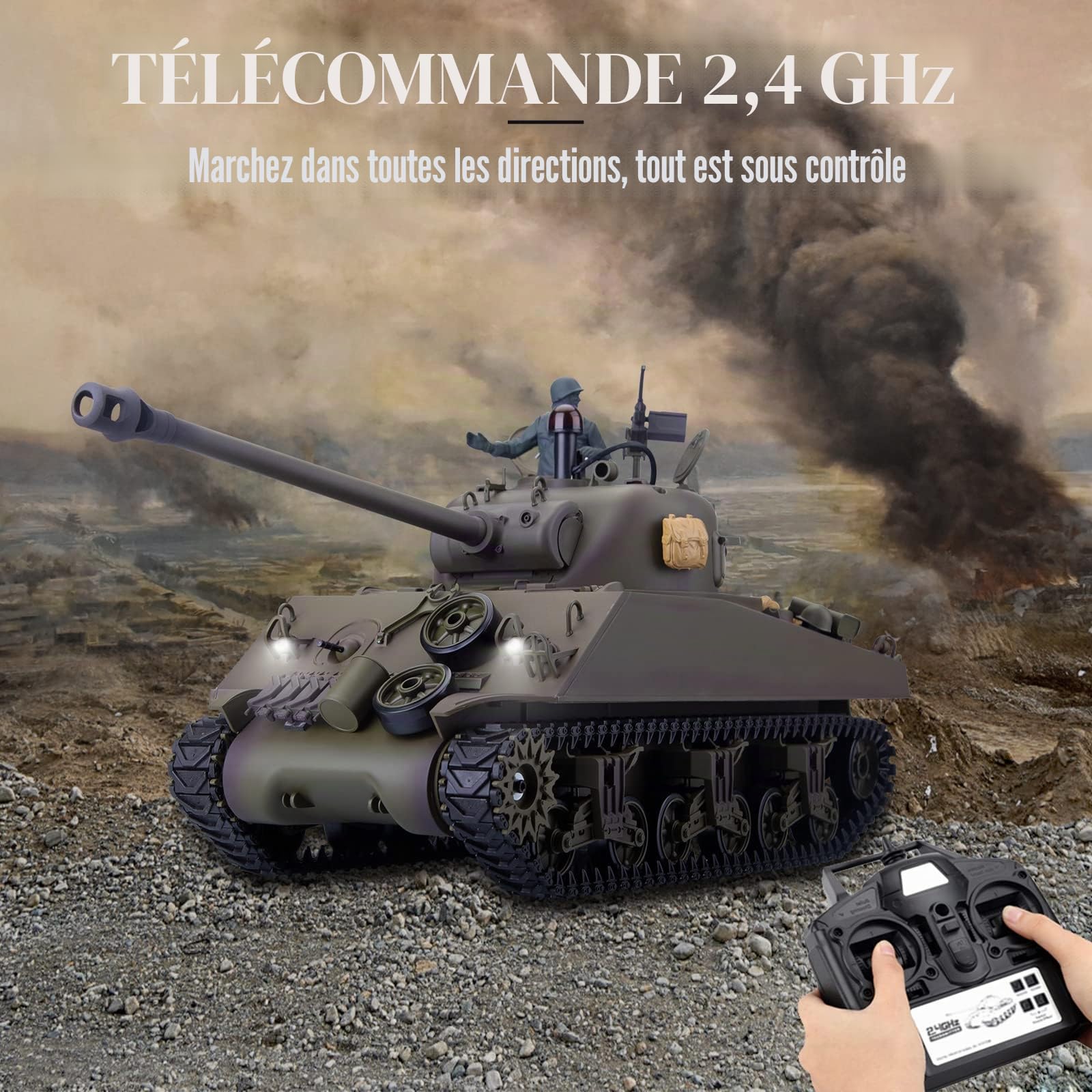 Réservoir RC 1/16 pour adultes, 2,4 G US M4A3 Sherman Main Battle Tank Modèle avec boîte de vitesses rétractable Long Canon Lancement BBs Bataille infrarouge, modèle de véhicule militaire