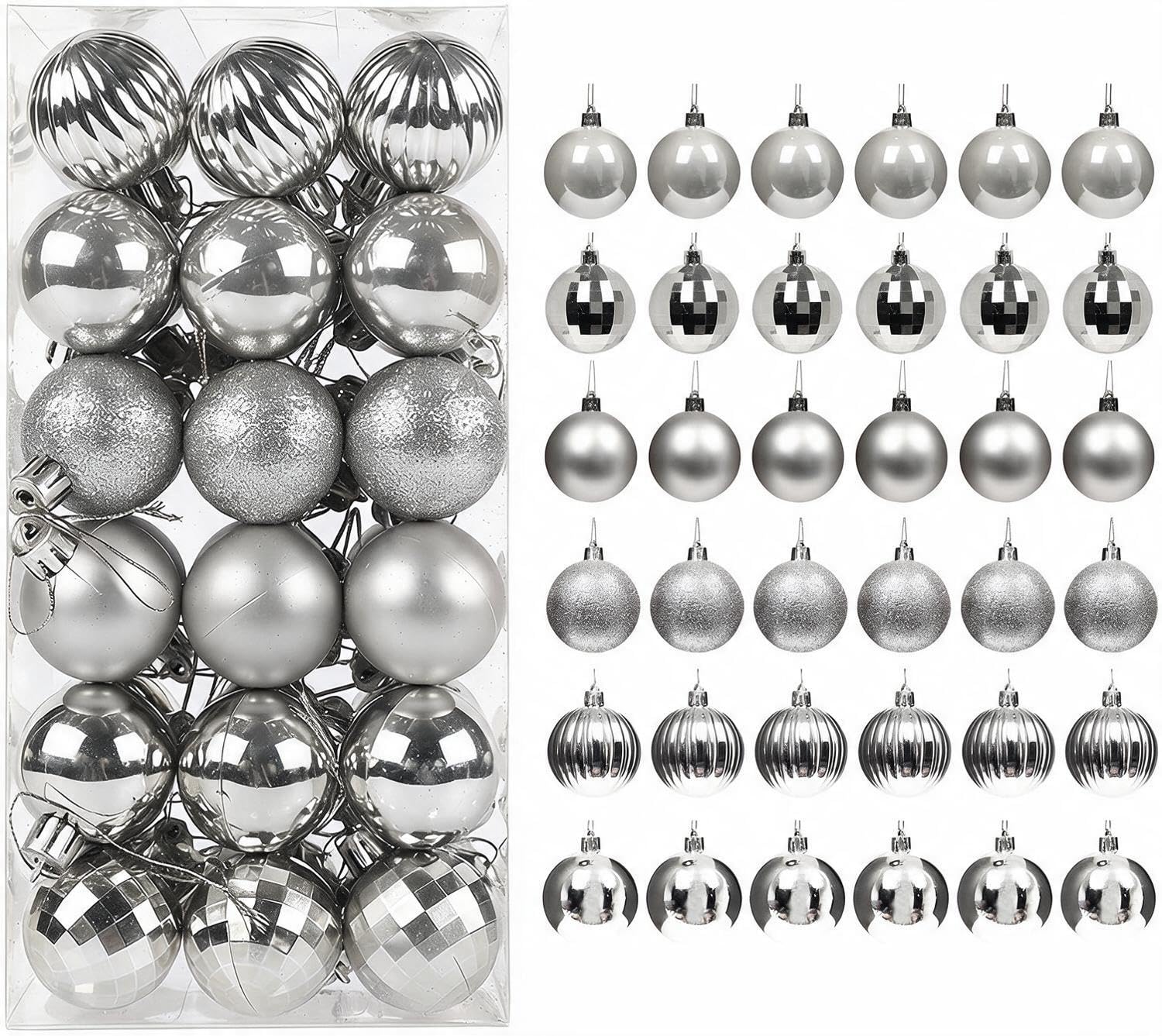 36Pcs Mini Size Baubles, 40mm Christmas Ball Ornaments with Strings(Silver)
