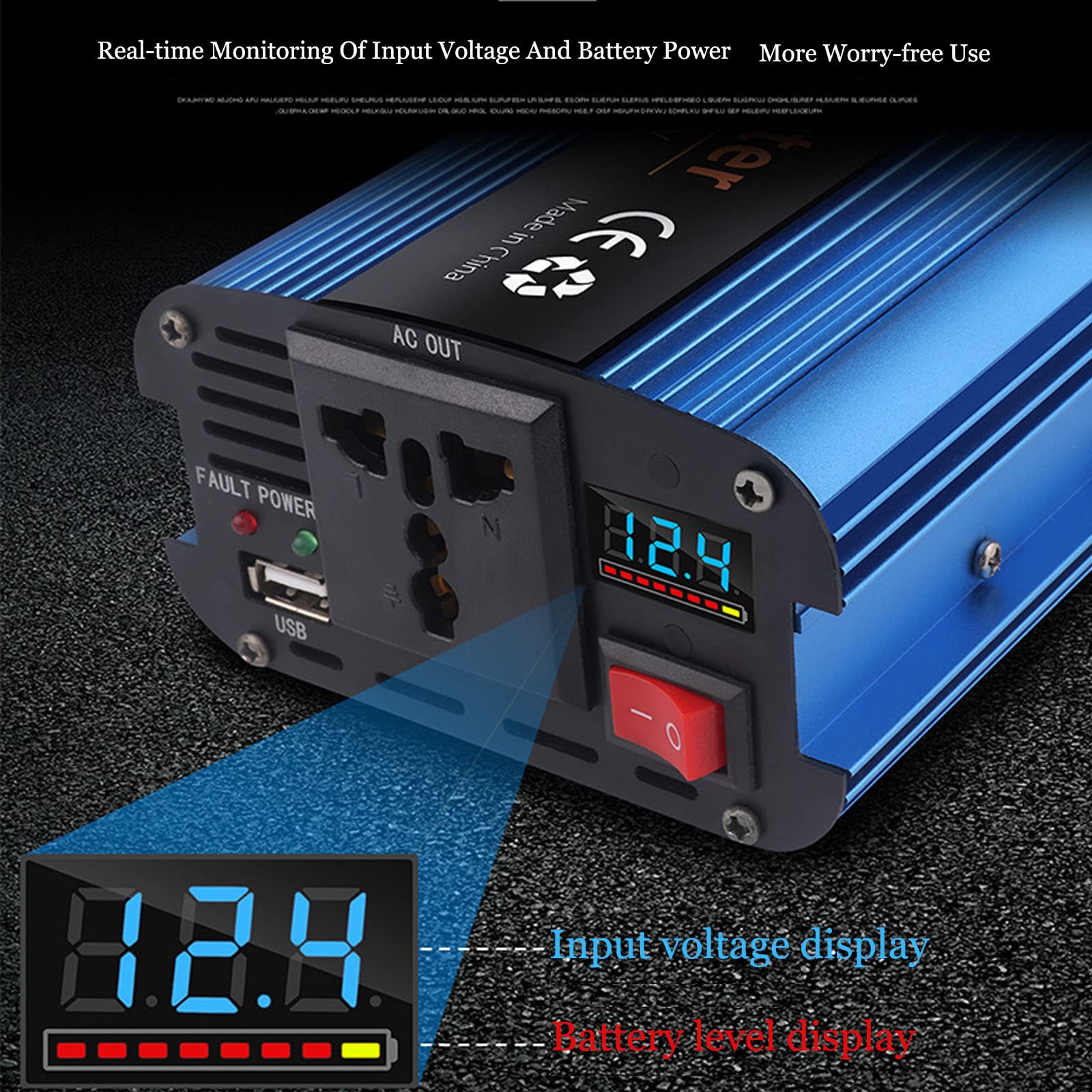 600W Inversor de Corriente Coche Onda modificada12 V / 24 V /36V /48V DC a 220V/230V Power Inverter Transformador de Convertidor Digital con 1 EU Toma Y Puertos USB (600W,12V)