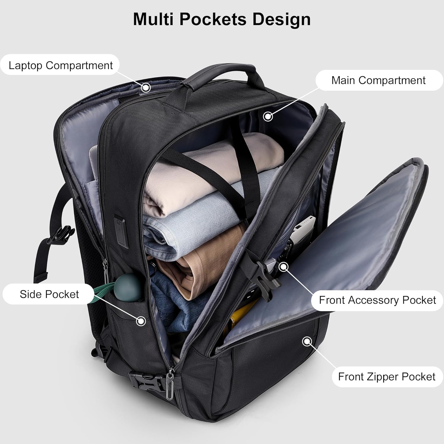 PIJUSHI Travel Backpack for Women Men Expandable Carry on Luggage Backpack Airline Approved Personal Item Laptop Bag(PE034 Black) - Image 3