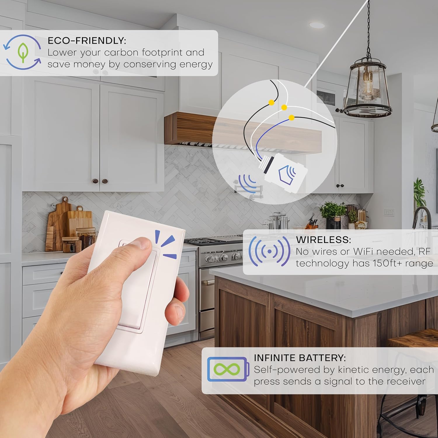 RunLessWire 5 Amp On/Off Receiver Add-On RF Relay Compatible with Self-Powered Kinetic Wireless Light Switches to Control Electrical Circuit Remotely Easy DIY Install 100-240VAC, Indoor Use