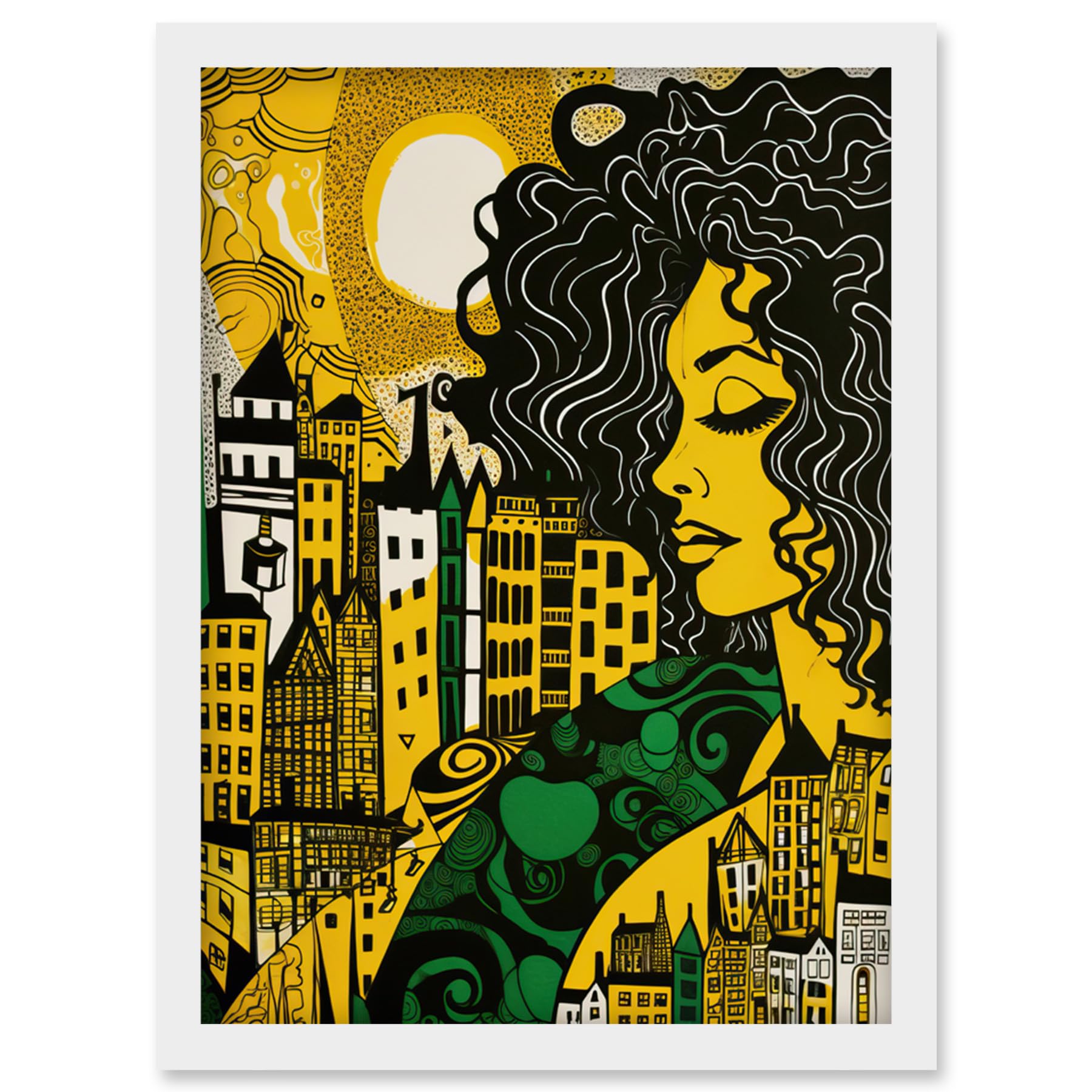 Artery8 Woman and Edinburgh Cityscape Yellow Green Linocut Artwork Framed Wall Art Print A4