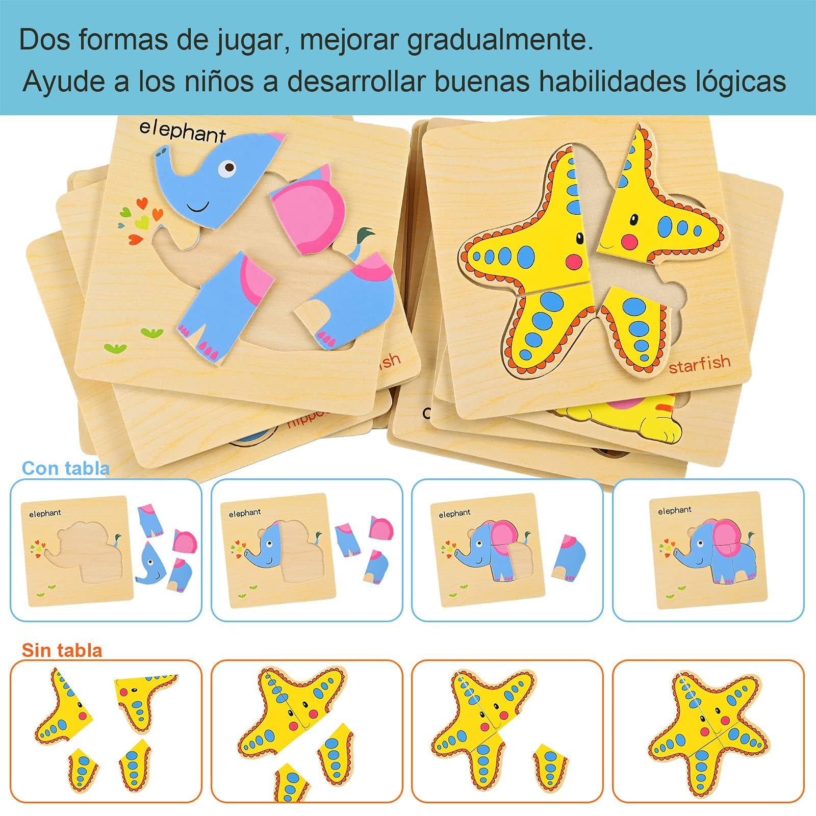 GOLDGE 16 Pezzi Giocattoli Bambini Animali da Puzzle di Legno, Giochi Bambina 1 Anno 2 3 4 Anni Educativo Pattern Blocchi Regalo per Ragazzo Ragazza