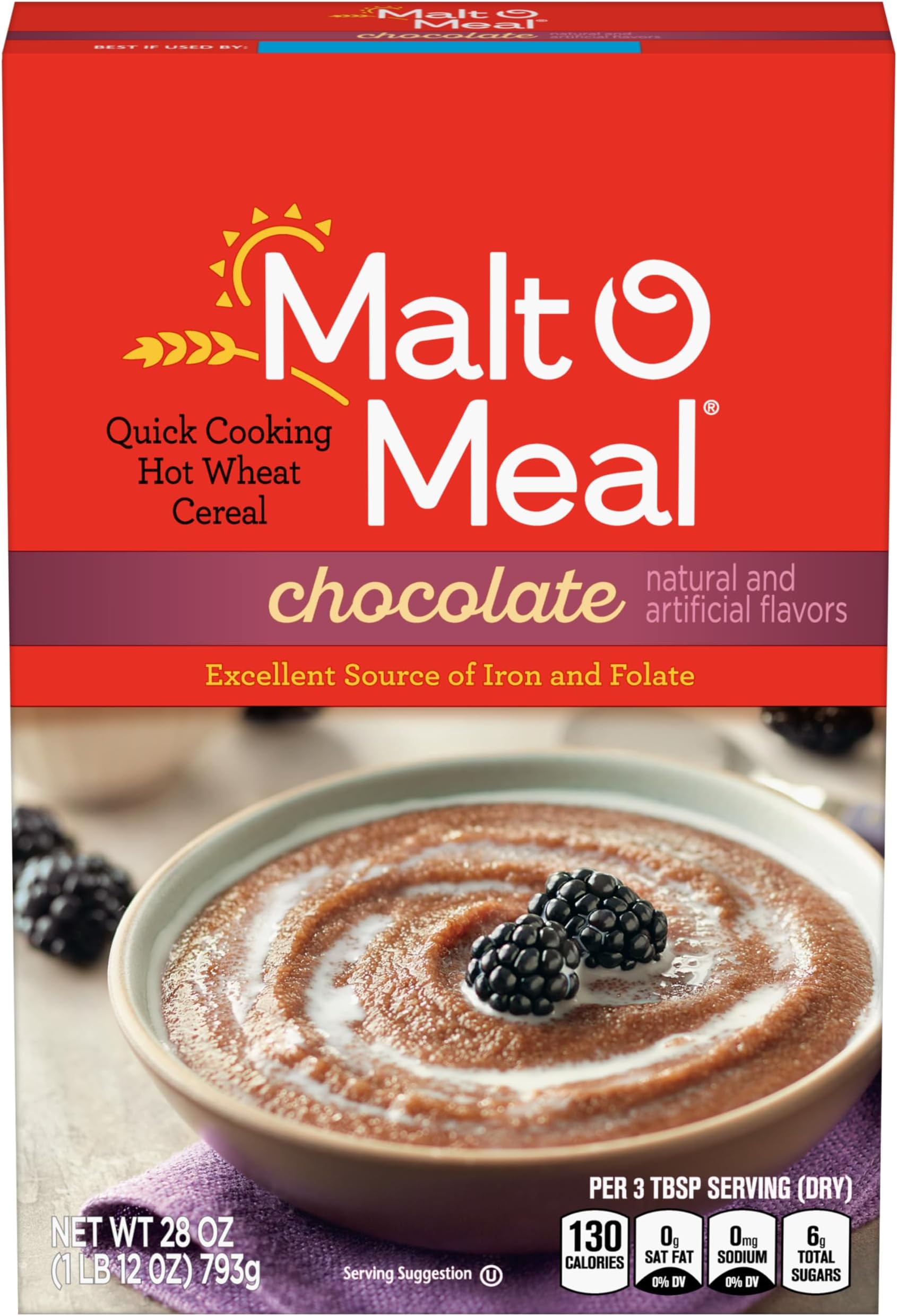 Malt-O-Meal Chocolate Hot Wheat Cereal, Instant Porridge with Folic Acid and Iron, Quick Breakfast Ready in Minutes, 28 OZ Box