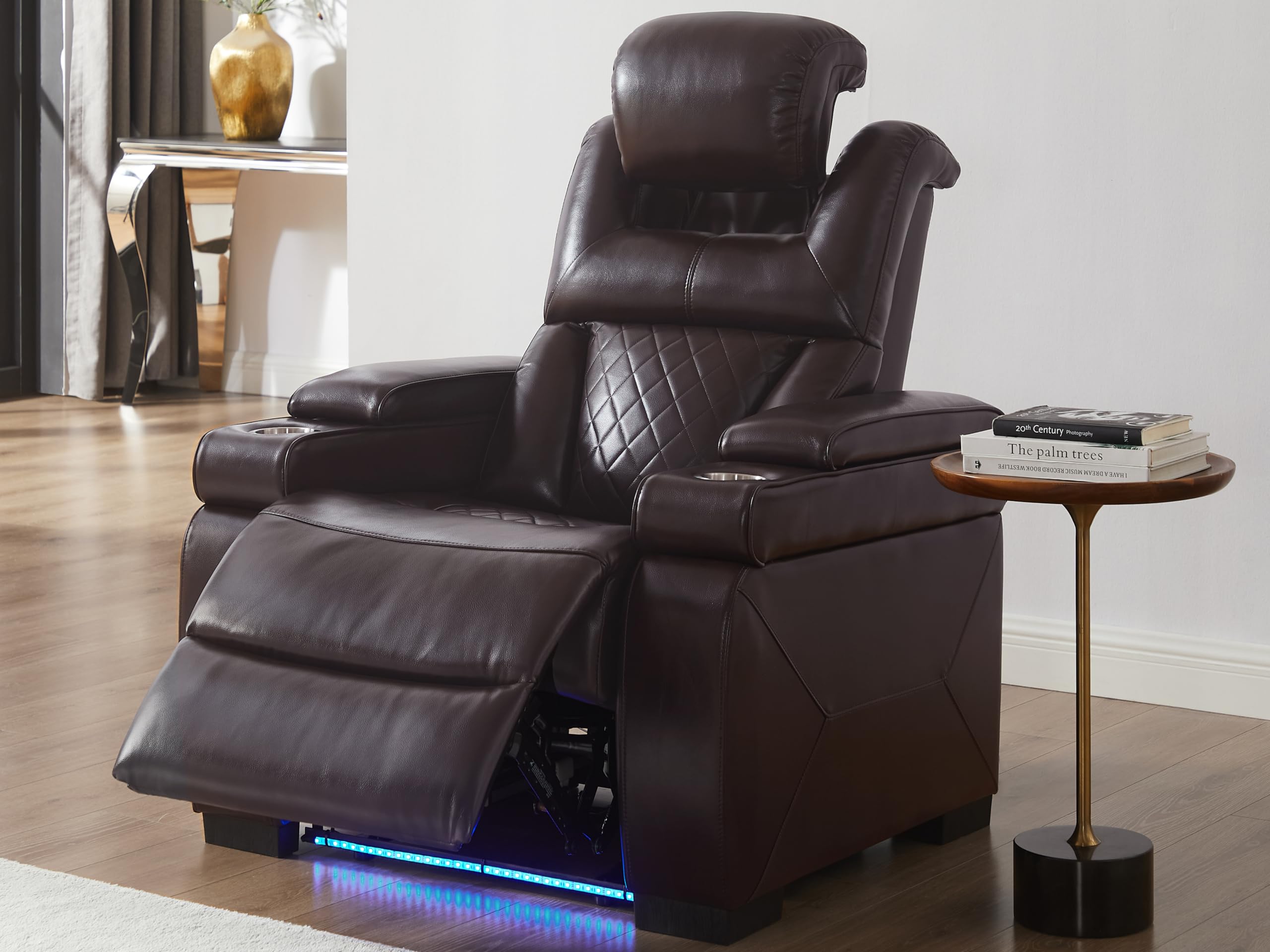 THSUPER Power Breathable Leather Reclining Chair with 7-Color LED Light, Living Room Recliner Chair with Adjustable Headrest/USB Port/Cup Holder/
