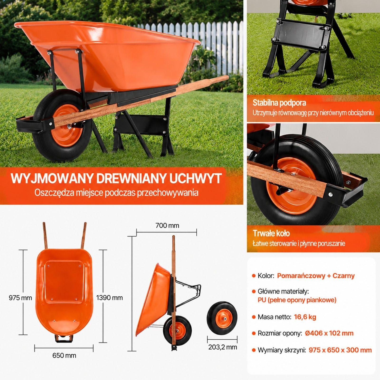 Jednokołowa taczka ogrodowa z metalowym uchwytem, żelazną konstrukcją i kołem PU, kolor pomarańczowo-czarny, do ogrodu, trawnika i gospodarstwa, udźwig 150 kg