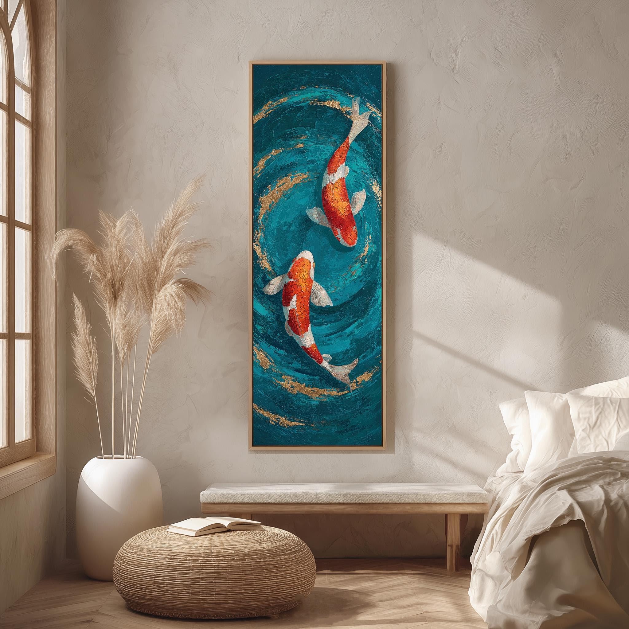 Xbtykpb Frameless Tall Narrow Koi Canvas, Long Vertical Fish Painting, Skinny Teal Pond Art, Japanese Decor, Gold Leaf Animal Wall Prints(45X135cm/Frameless)