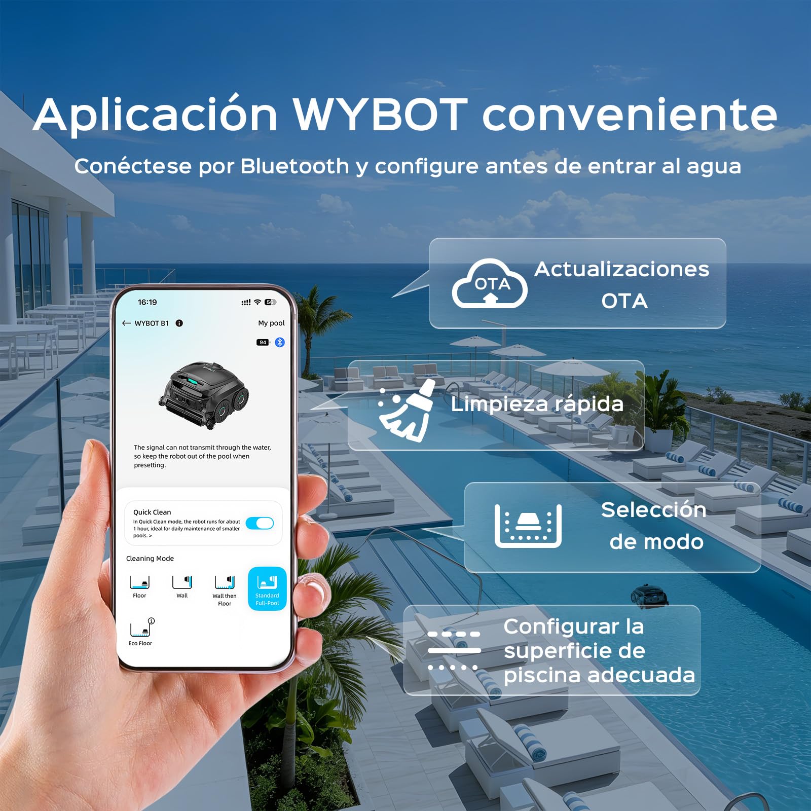 WYBOT B1 Robot de Piscina Inalámbrico, Limpia Fondo y Paredes 120 Min Autonomía para Piscinas Enterradas Y sobre Suelo, App, Dos Cepillos Laterales, Negro