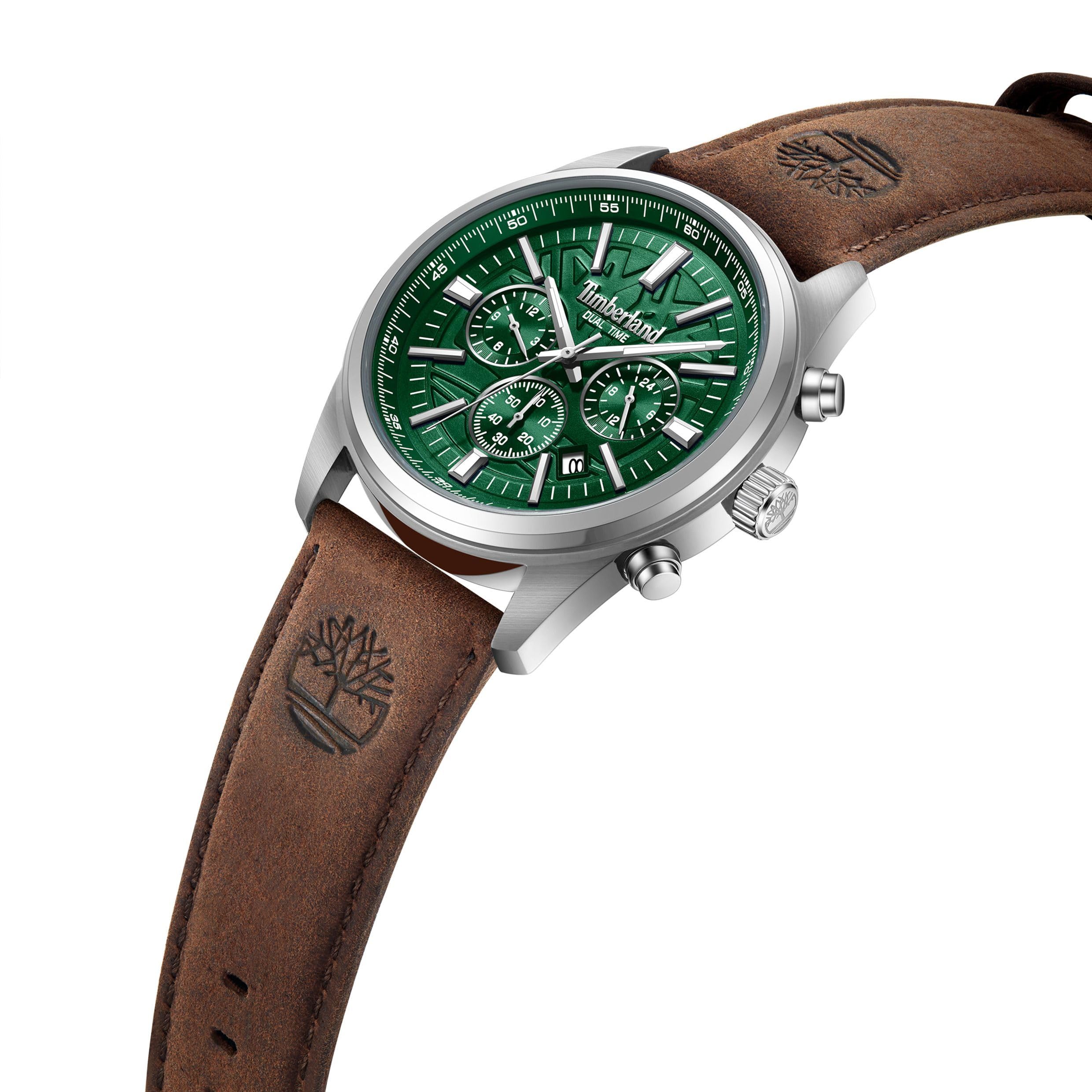 Timberland Northbridge Multifunktions-Herrenuhr - Silbernes Gehäuse, Grünes Zifferblatt, Braunes Lederarmband, 45mm, TDWGF0041206