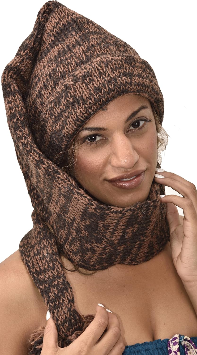 Hand Made 100% Merino Wool Long Tail Hat Scarf Combo Ski Cap Snowboard Hand Knitted Scarves Wool Fleece Lined Stocking Cap Scarf in One Brown