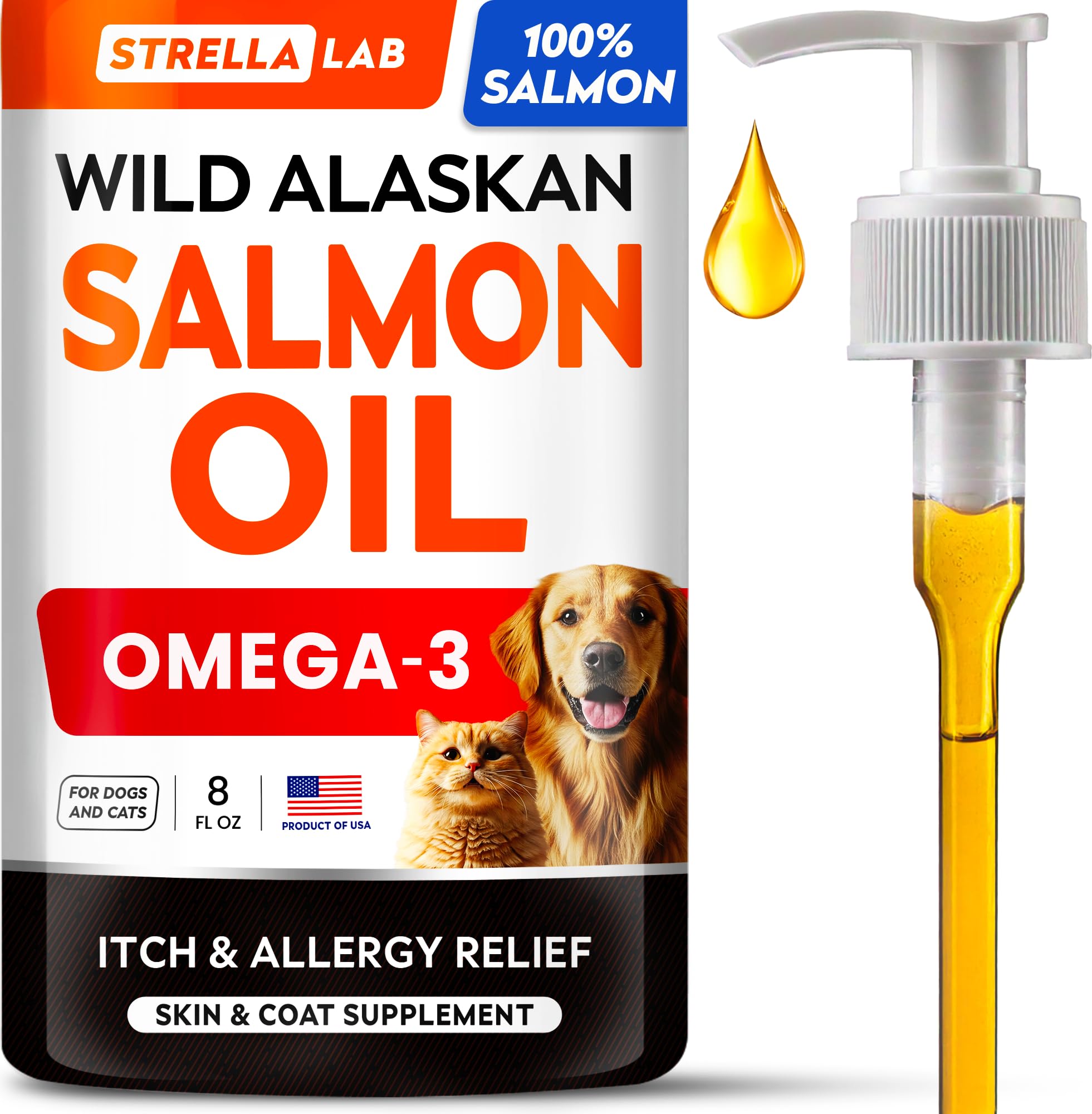 StrellaLab Wild Alaskan Salmon Oil for Dogs - Natural Omega 3 for Dogs & Cats, Itch & Allergy Relief, Skin & Coat Support - Fish Oil Liquid, EPA+DHA