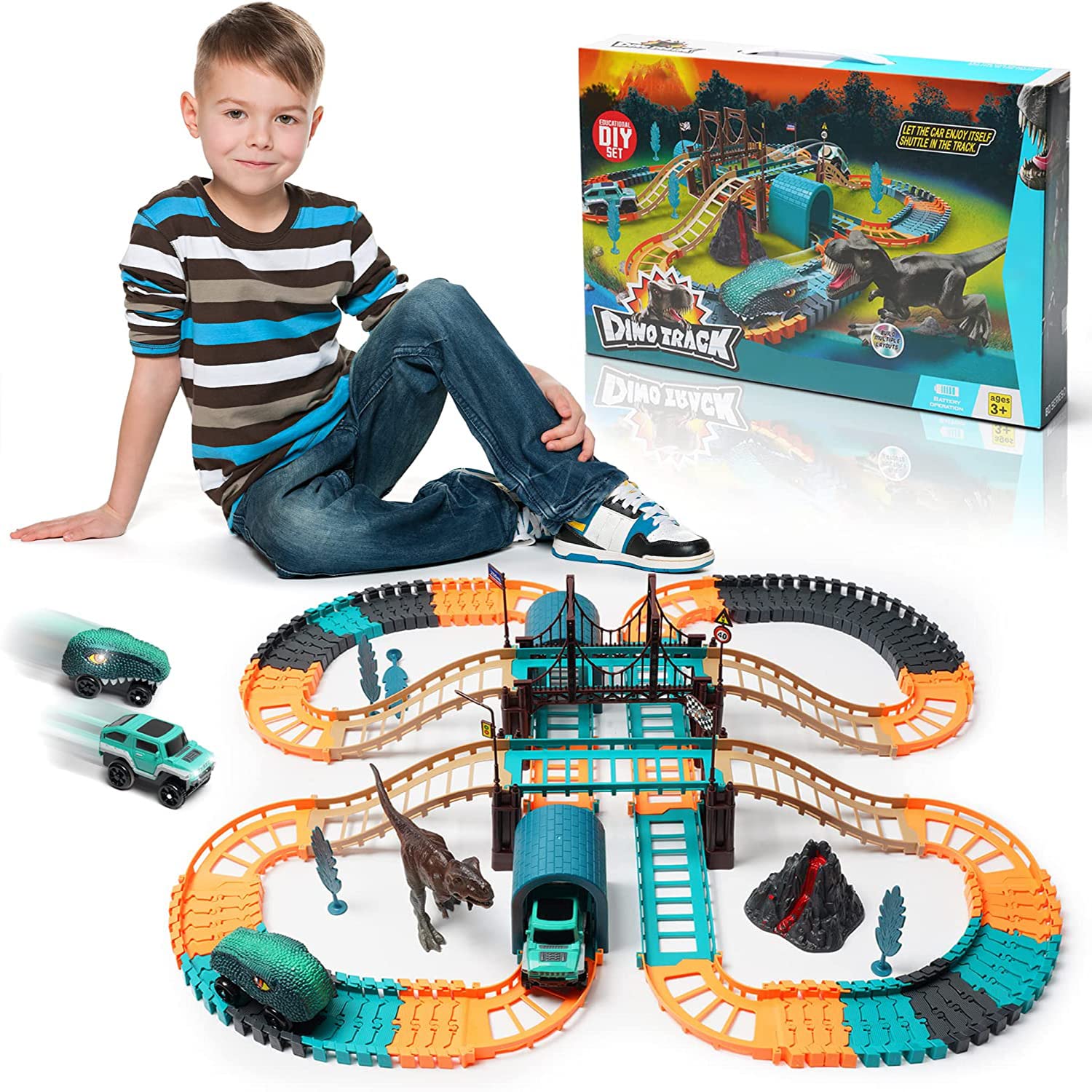 Arabest Dinosaur Race Track Set, 100+ PCS Flexible Train Tracks with Toy Cars, Interactive Playset for Boys Ages 3-7, STEM Learning Gift for Kids (Multi-Color)