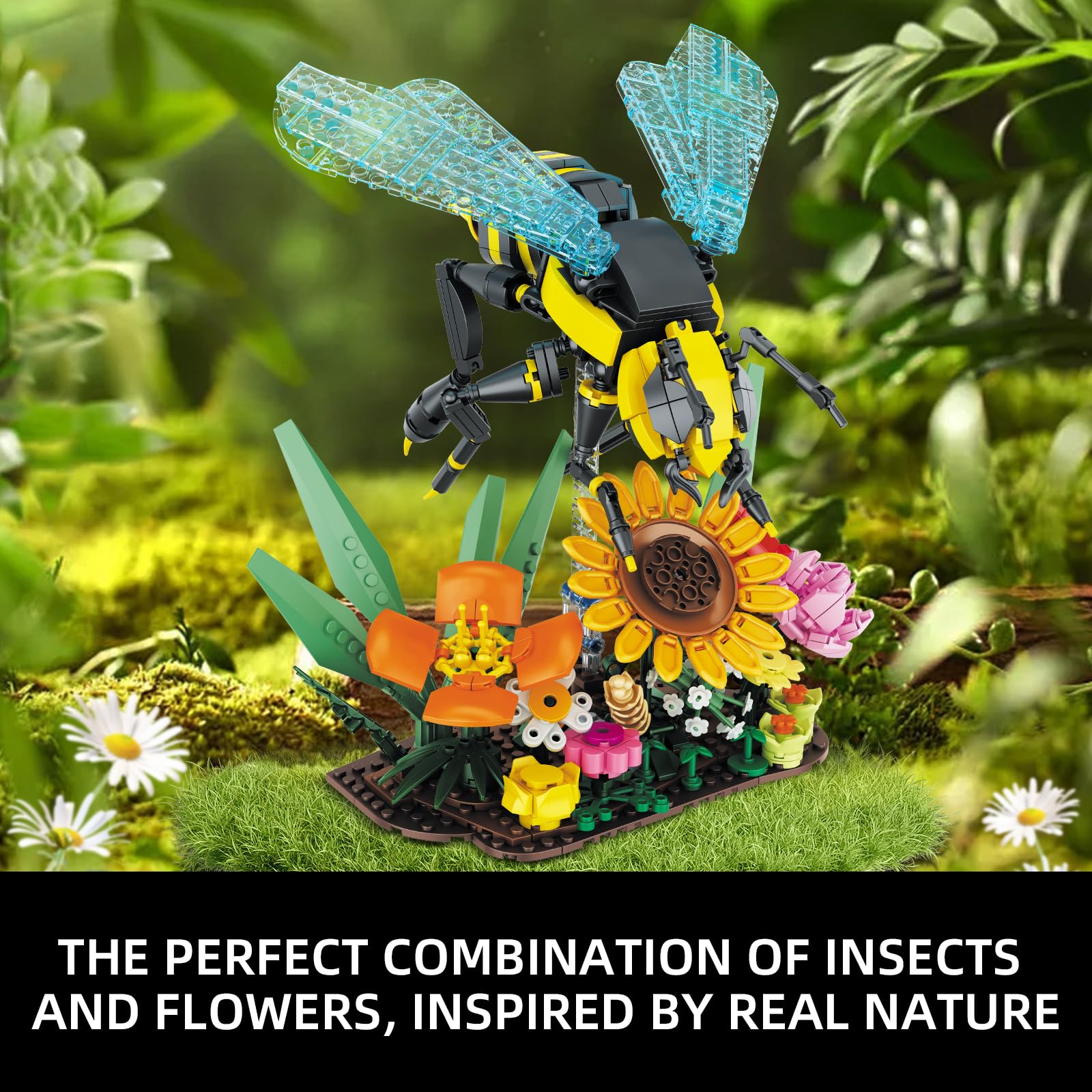 Set De Bloques De Construcción De Flores Con Abeja Y Luz LED | 588 Piezas Mini | Funda Protectora | Regalo DIY Para Mujeres Y Niños