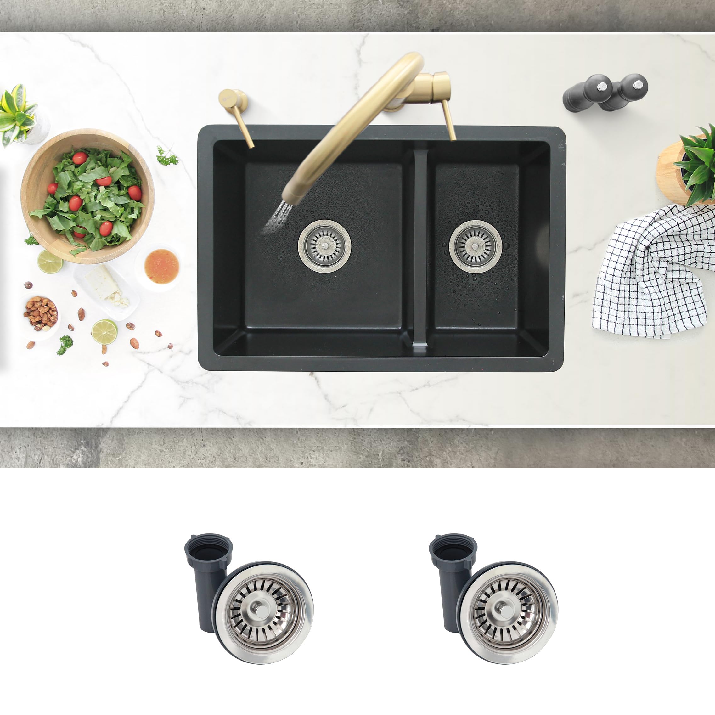 Stylish 27.25 x 18.75 Inch Drop In or Undermount Kitchen Sink Double Bowl Workstation 9.5 Inches Deep Granite Composite Kitchen Sinks with Regular Strainers Black, S-827N