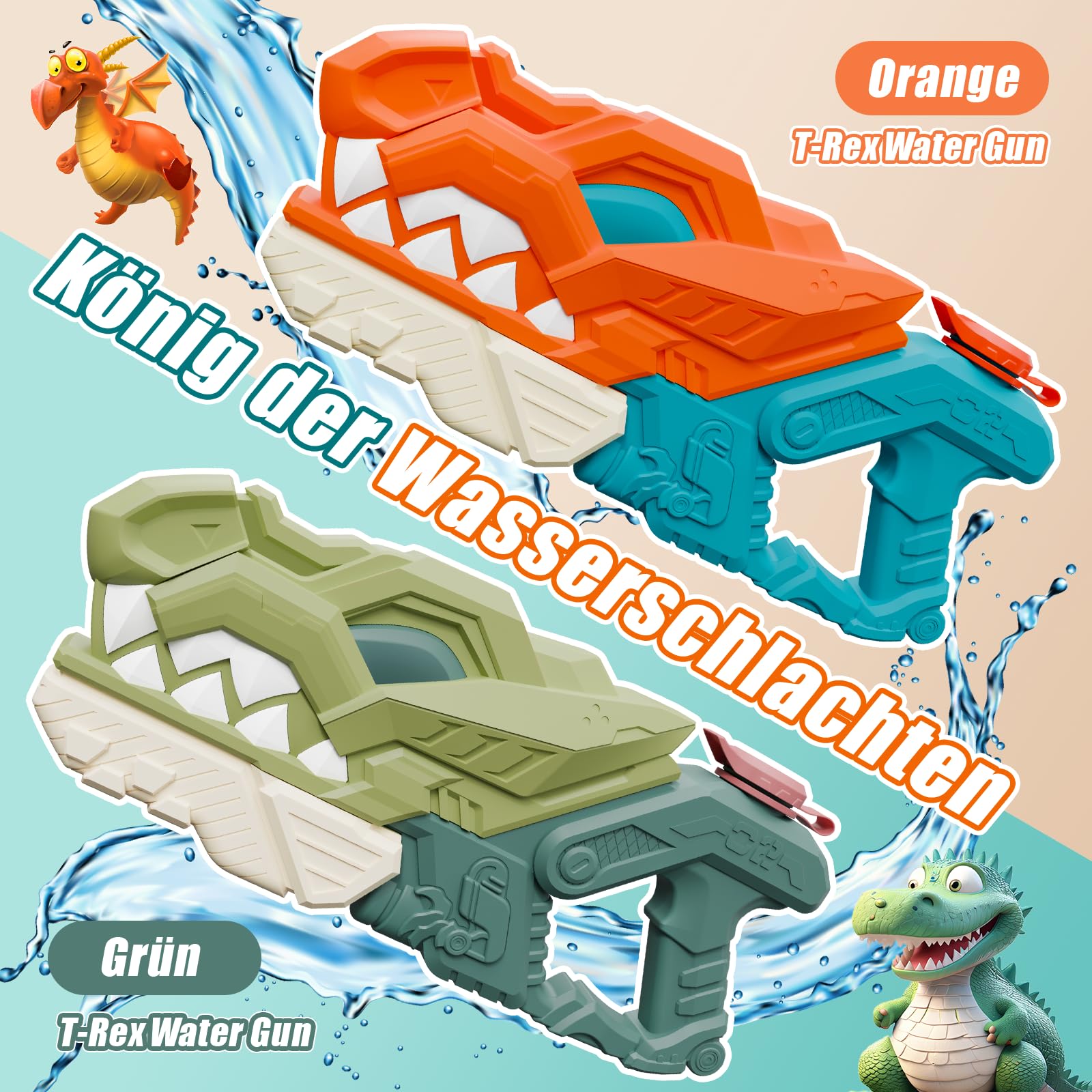 weirtoya 2 Stück Dinosaurier Wasserpistole Kinder&Erwachsene, 580ml Wasserspritzpistole 7-10m Powered Water Gun, Geeignet für Wasserpartys, Poolpartys und Wasserpistolenschlachten
