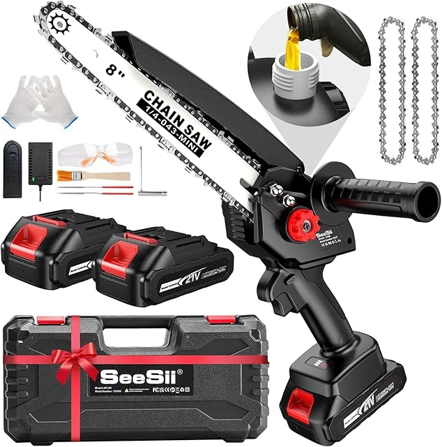 8 Inch Mini Chainsaw, 2023 Upgraded Seesii Cordless Chainsaw with Brushless Motor 2×2.0AH Batteries Auto Oiler Chain Adjustment, Cordless Battery Chainsaw for Branch Tree Cutting Pruning