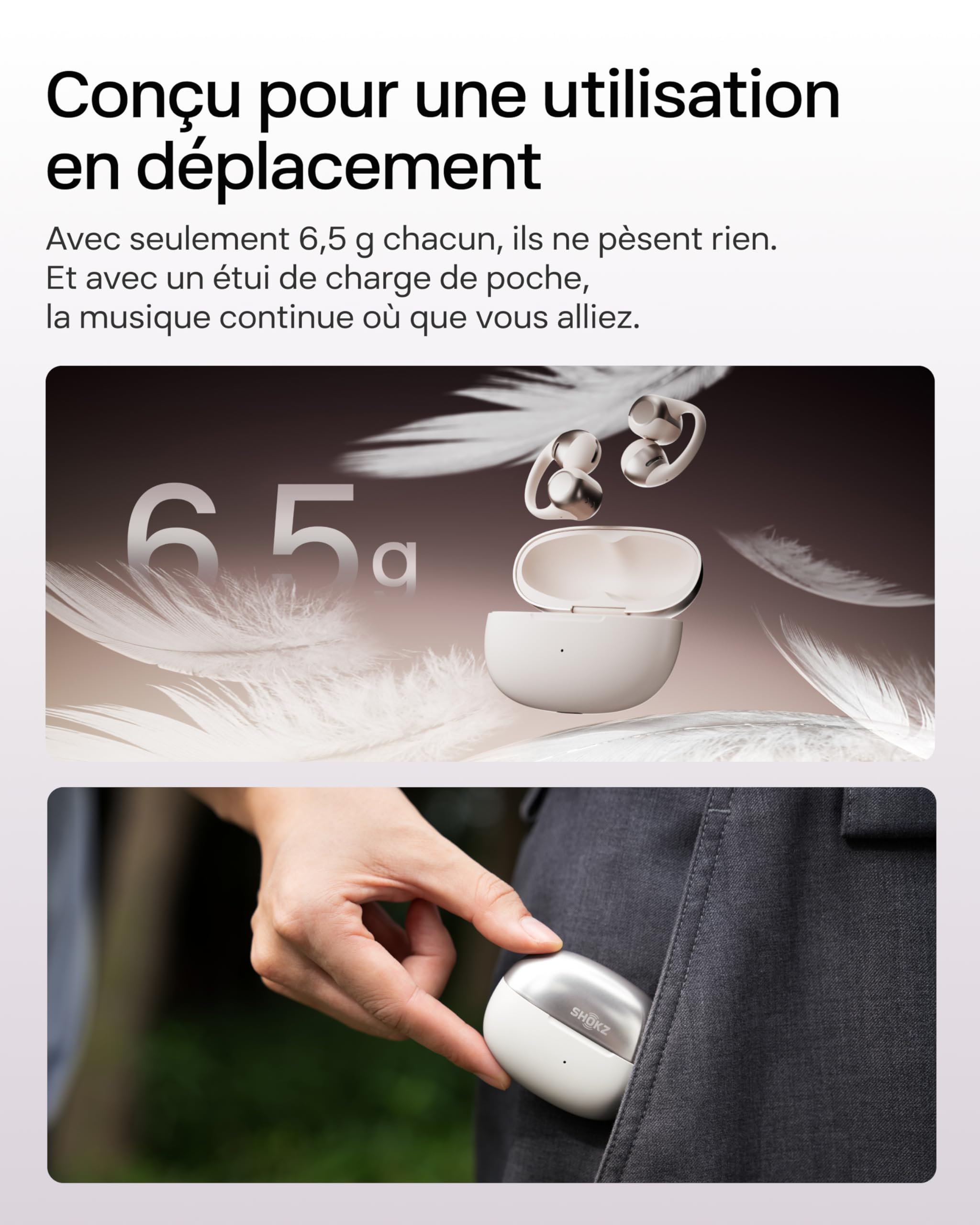 SHOKZ OpenDots One écouteurs Clip-on à Oreilles Libres, IP54 - Gris | audio dolby premium, à clip 6, 5 g, bluetooth 5.4, sans fil avec microphone, chargement rapide, 40 h d’autonomie, IP54