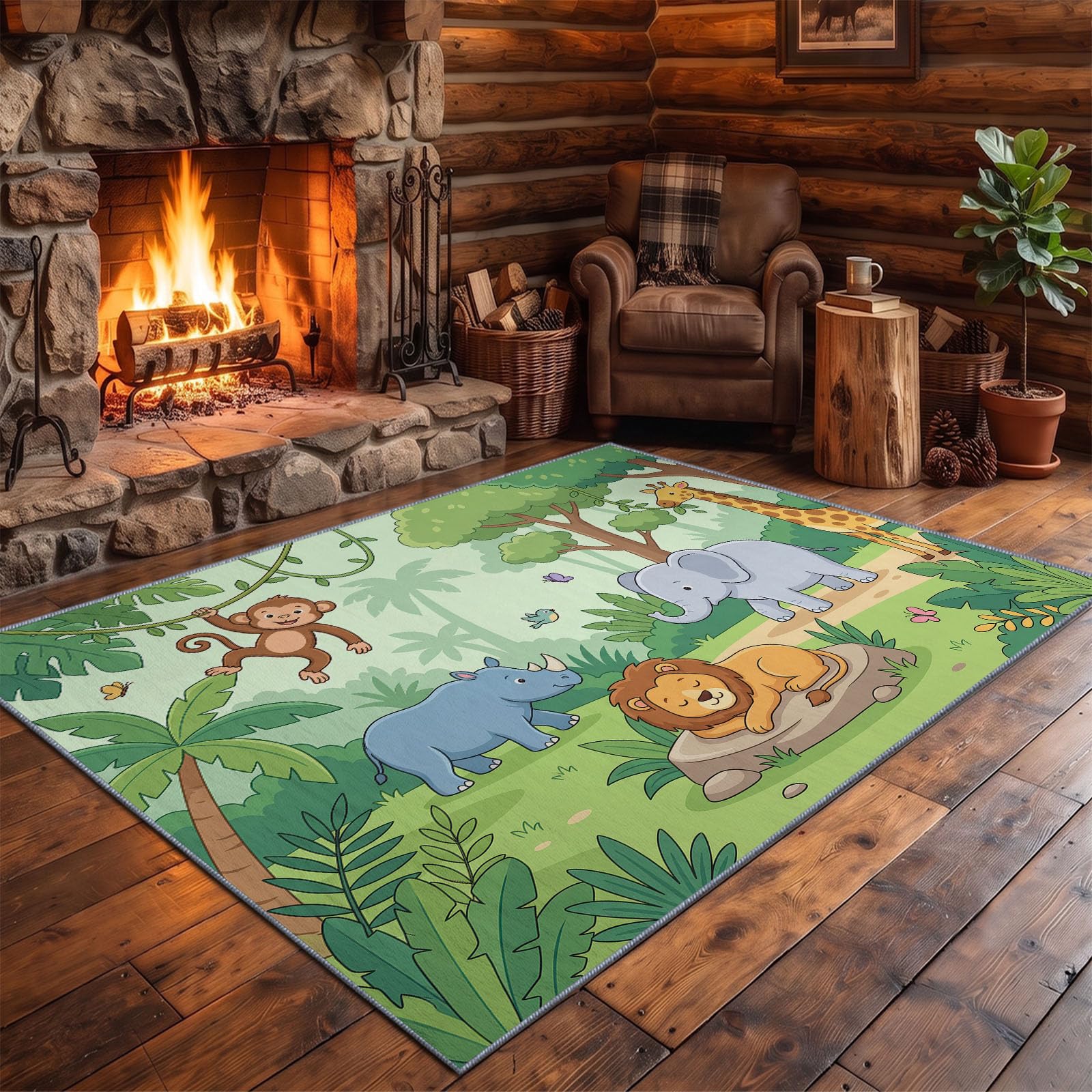 Tapis Salon Cartoon, Moquette Lavable en Machine, 90 x 120 cm | Animal Lion Éléphant Tapis avec Dessous Antidérapant, Tapise Décoratif pour Chambre, Cuisine, Entrée et Maison,Vert
