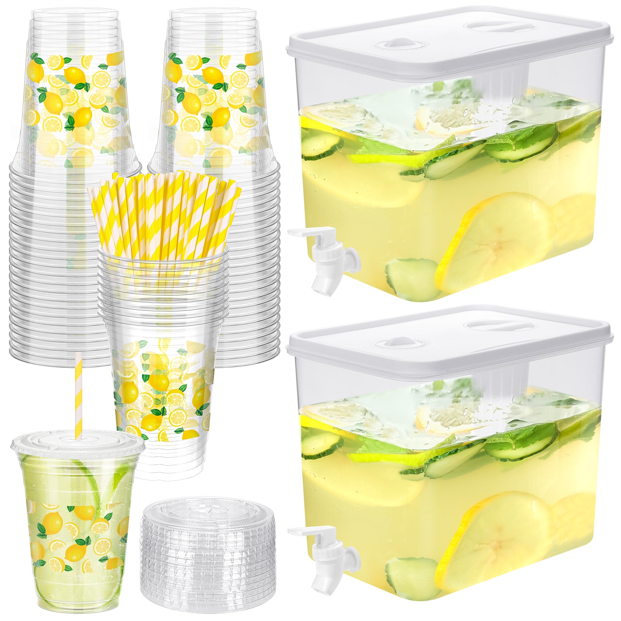 Photo 1 of Kochorie 2 Pack 2.3 Gallon Lemonade Dispenser, Plastic Drink Dispenser with Spigot 50 Disposable 12 OZ Lemon Plastic Cups with Lid Straw for Lemonade Stand Supplies Fruit Party Drinks Tea Juice