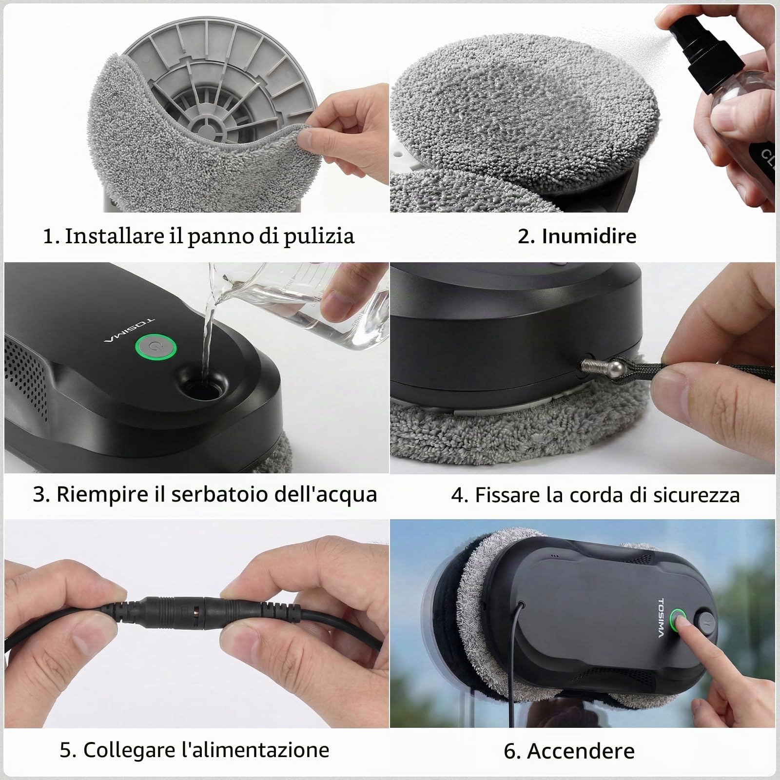 Tosima W5 Pro 6400 Pa Robot Lavavetri, Doppia Spruzzatura ad Ultrasuoni, Pulitore Automatico per Vetri, Telecomando, 20 Panni in Microfibra (Nero)