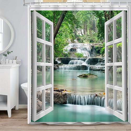 Miniatura 2 de Renaiss Cortina de ducha de cascada de bosque de 72 x 72 pulgadas, diseño de bosque verde, agua, lago, selva tropical, selva, blanco, ventana de