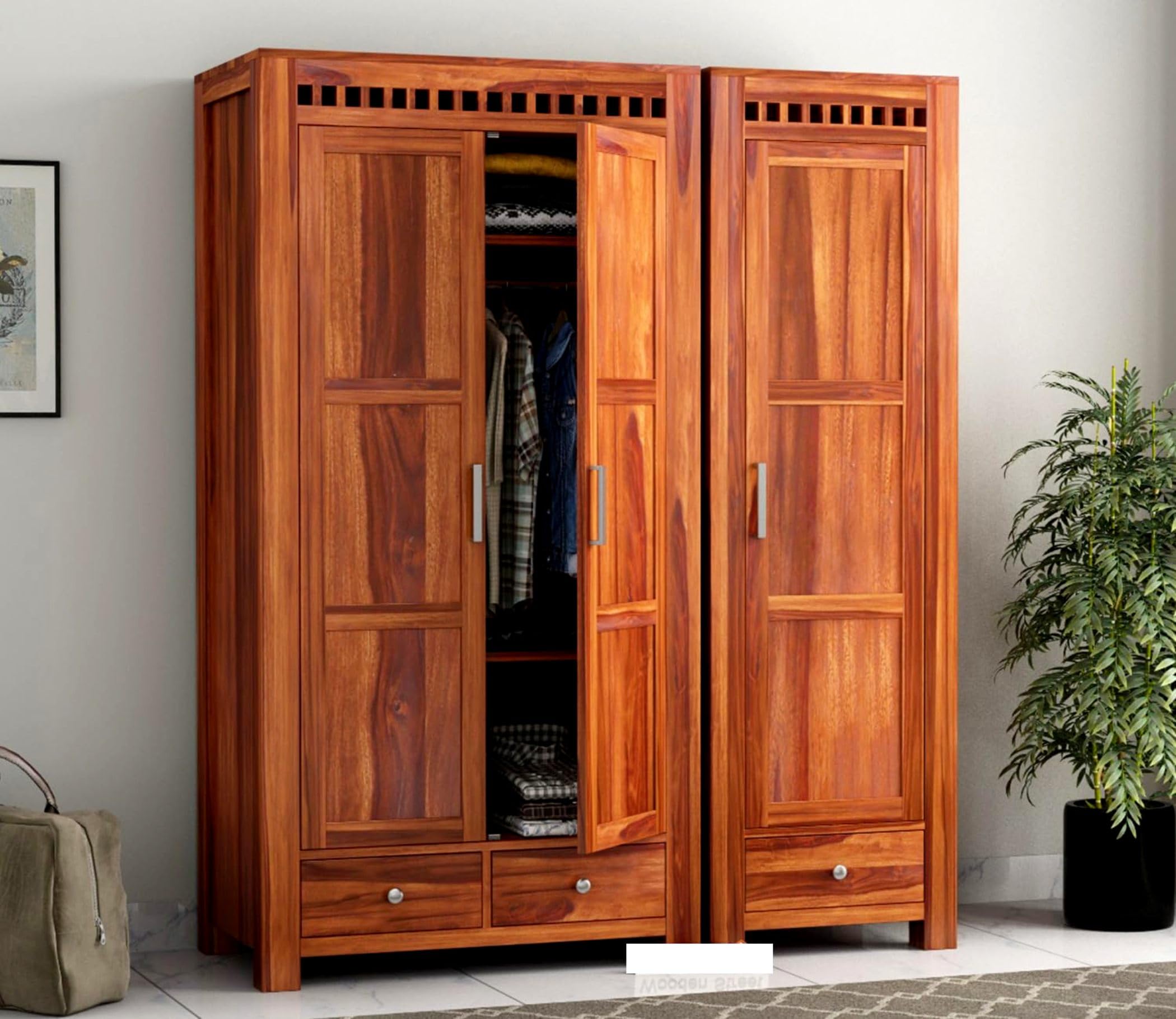 Wooden 3 Door Wardrobe Organizer for Storage with 3 Drawer 8 Shelves Storage & Hanging Space || Sheesham Wood Cupboard Clothes Storage for Bedroom || Honey Finish-image-23