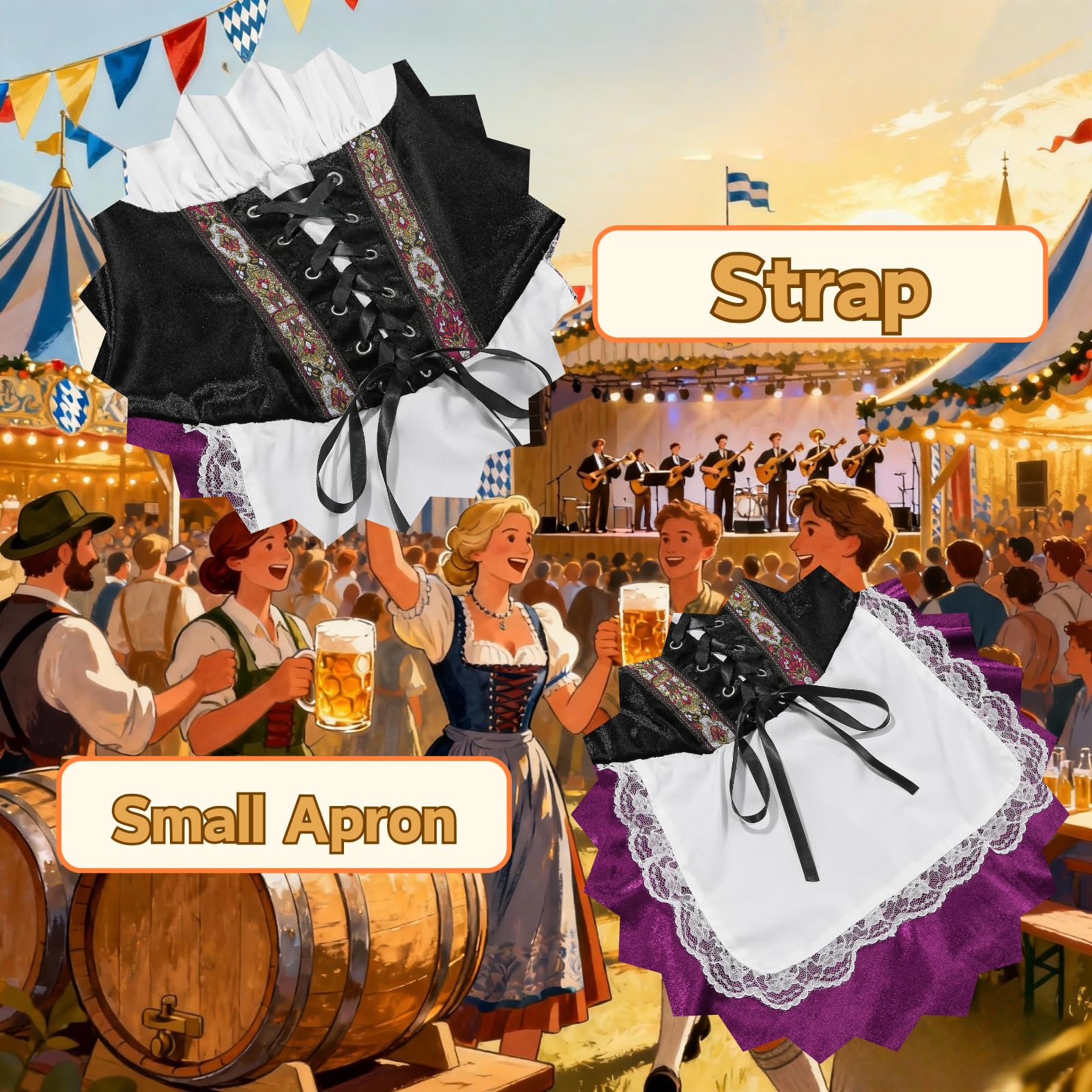 maxToonrain Women's Oktoberfest Outfit German Beer Bavarnian Dress Traditional Puff Short Sleeve Halloween Costumes for Womens(Bubble Sleeve Purple,XL) - Image 3