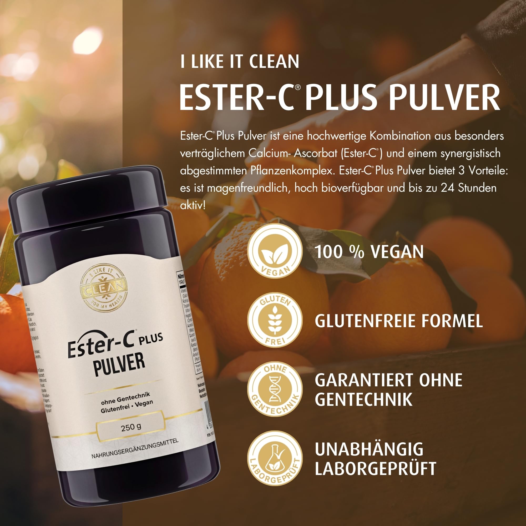 I-like-it-Clean® - Ester-C® Plus Pulver - 250 g - vegan, klinisch geprüfter Rohstoff, synergistischer Komplex, 1000mg Vitamin C pro Tagesdosis - ohne unerwünschte Zusätze & in Frankreich abgefüllt